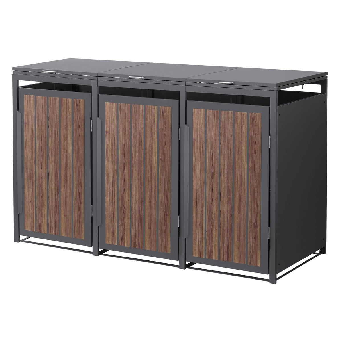 Drei Mülltonnenboxen mit Holzoptik und Metallrahmen.