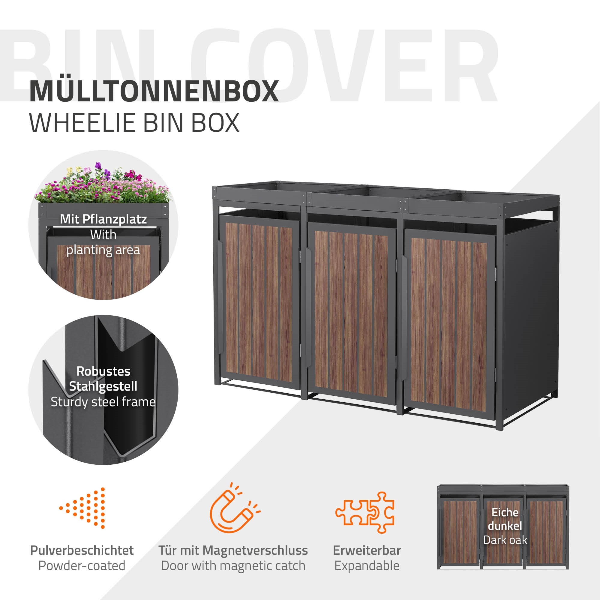 Mülltonnenbox aus Edelstahl mit Pflanzenbereich und erweiterbarem Design.