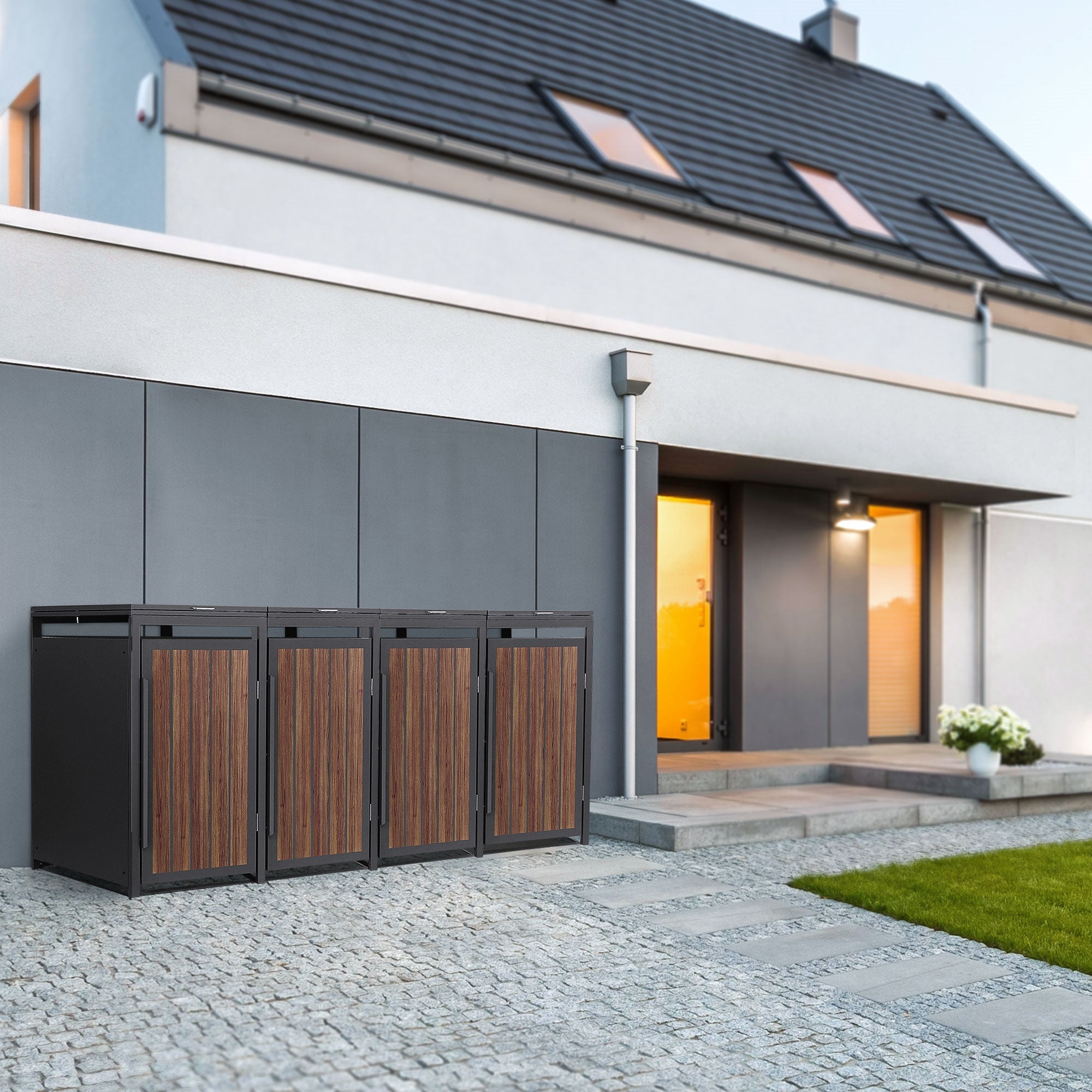 Affaldscontainere med træfront foran et moderne hus med have.