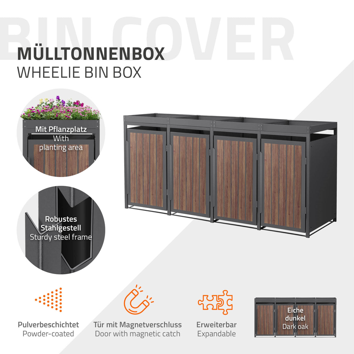 Mülltonnenbox mit Pflanzplatz und robustem Stahlgestell.