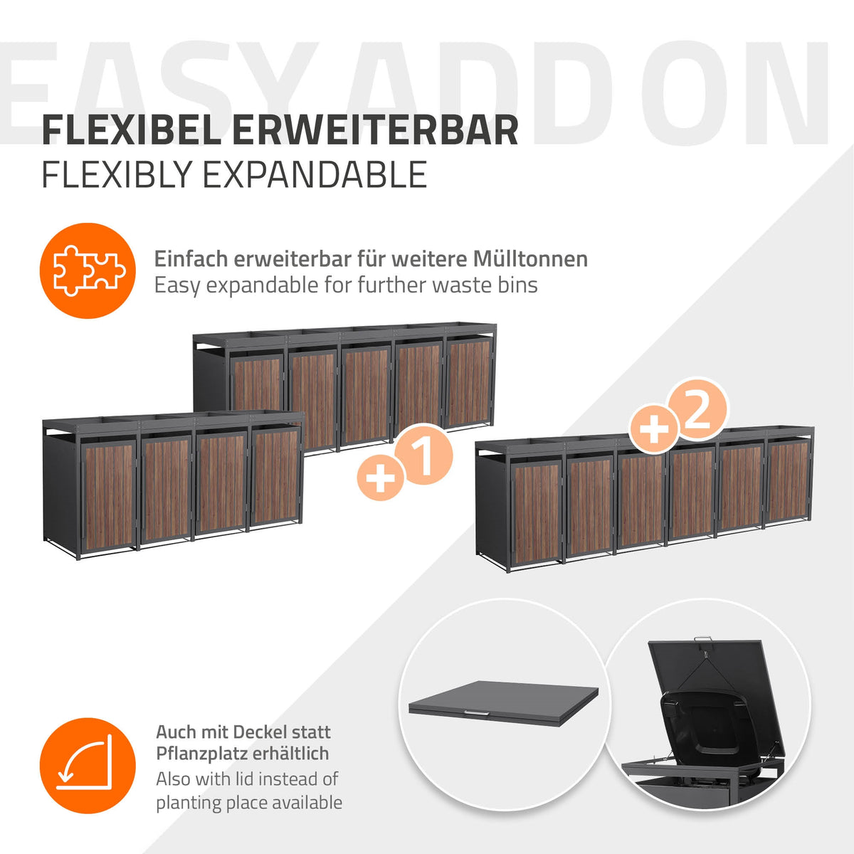 Grafik zeigt erweiterbare Mülltonnen mit Holzoptik und Deckeloption.