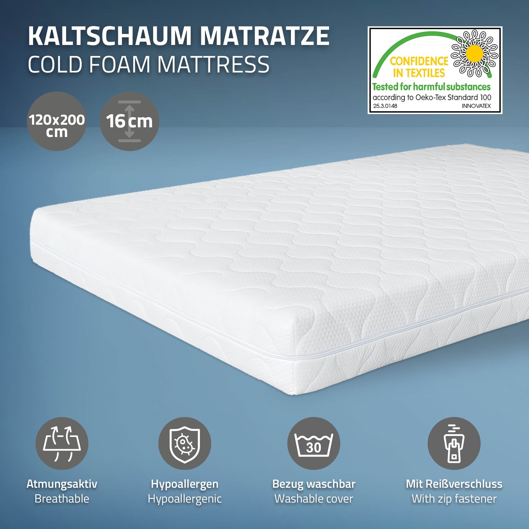 Eine Kaltschaummatratze mit den Maßen 120x200 cm und einem Reißverschluss.