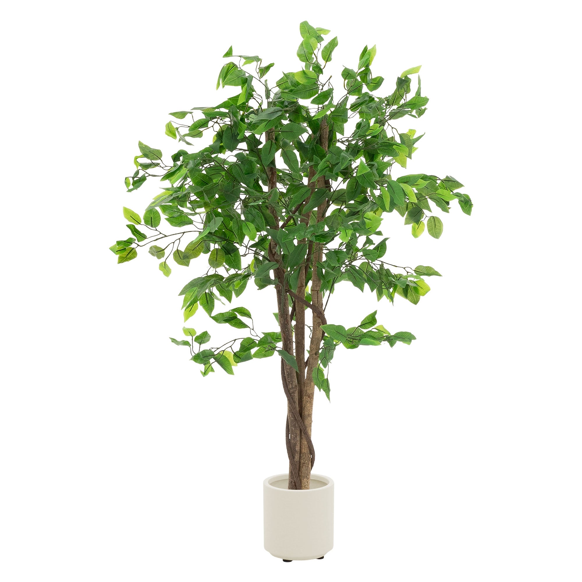 Künstlicher Baum in einem Topf vor weißer Wand.