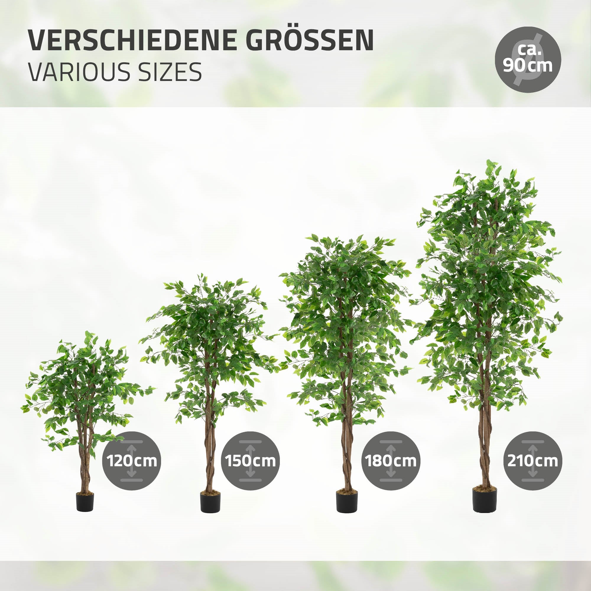 Quattro alberi artificiali di diverse dimensioni, ciascuno in un vaso.