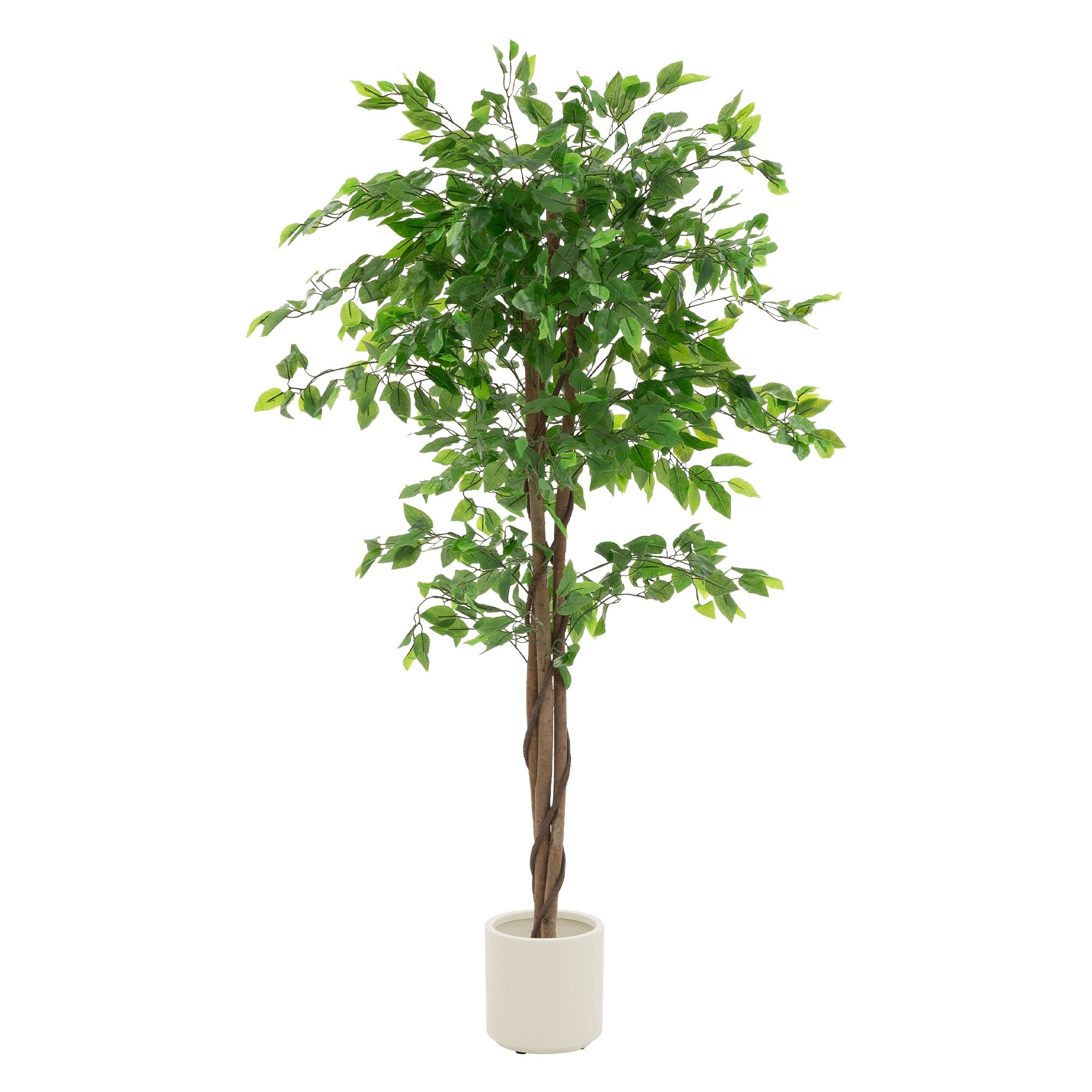 Ein künstlicher Baum in einem weißen Topf, vor weißem Hintergrund.