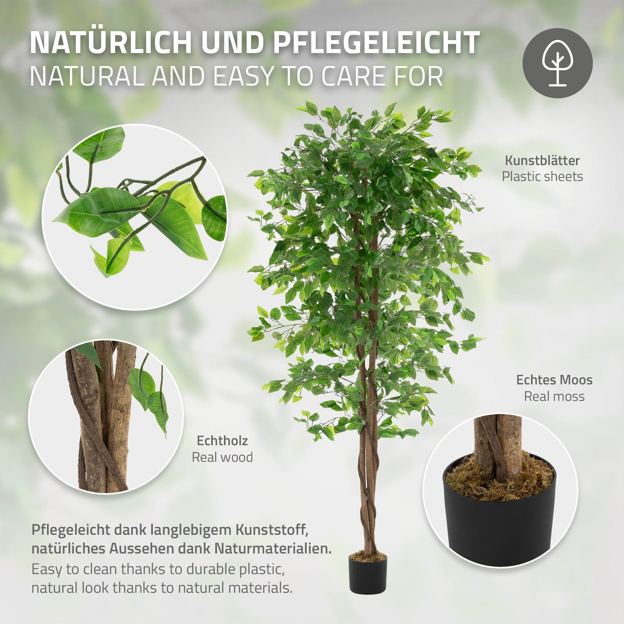 Un árbol artificial con hojas de plástico y musgo real, en una maceta.