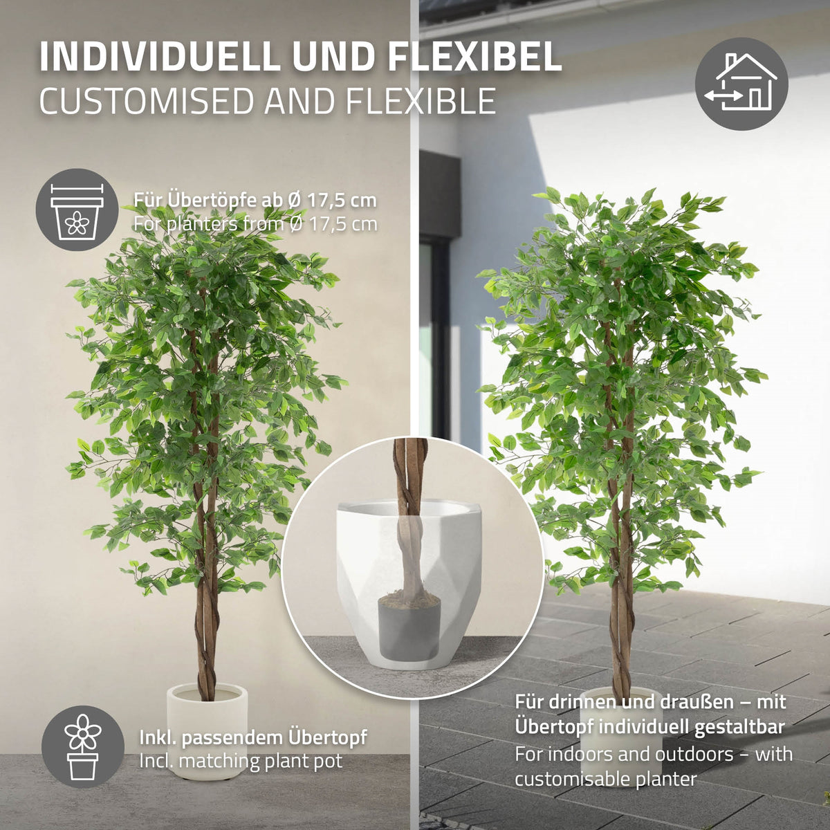 Árbol artificial Ficus, flexible para diferentes macetas, con maceta adecuada.