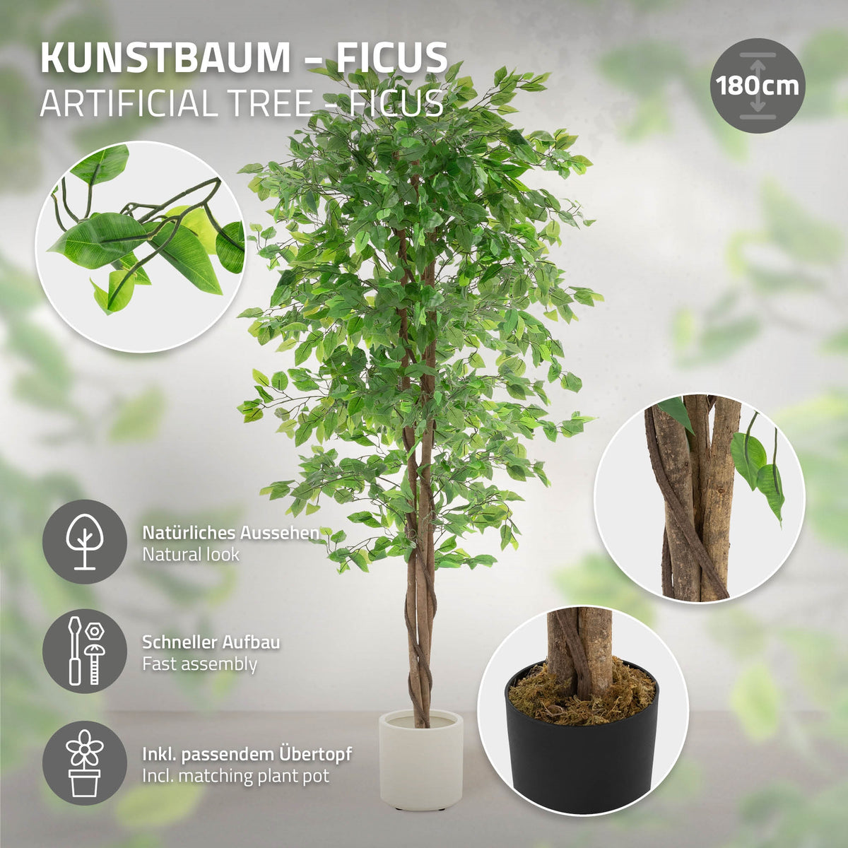 Árbol artificial Ficus en una maceta, hojas verdes, aspecto natural.