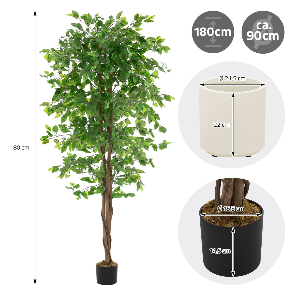 Medidas de un árbol artificial con maceta y dimensiones.