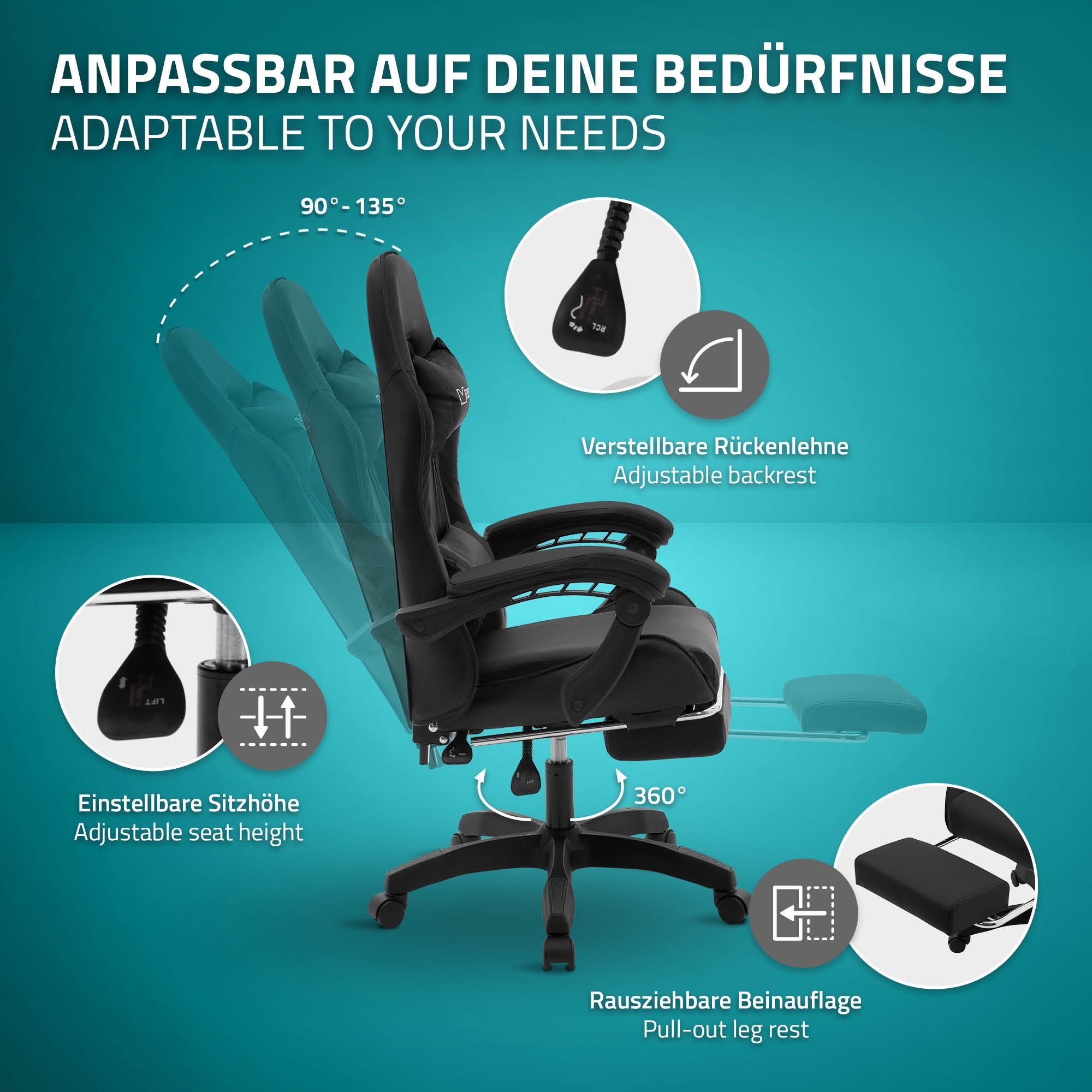 Grafik eines verstellbaren Bürostuhls mit verschiedenen Anpassungsoptionen.