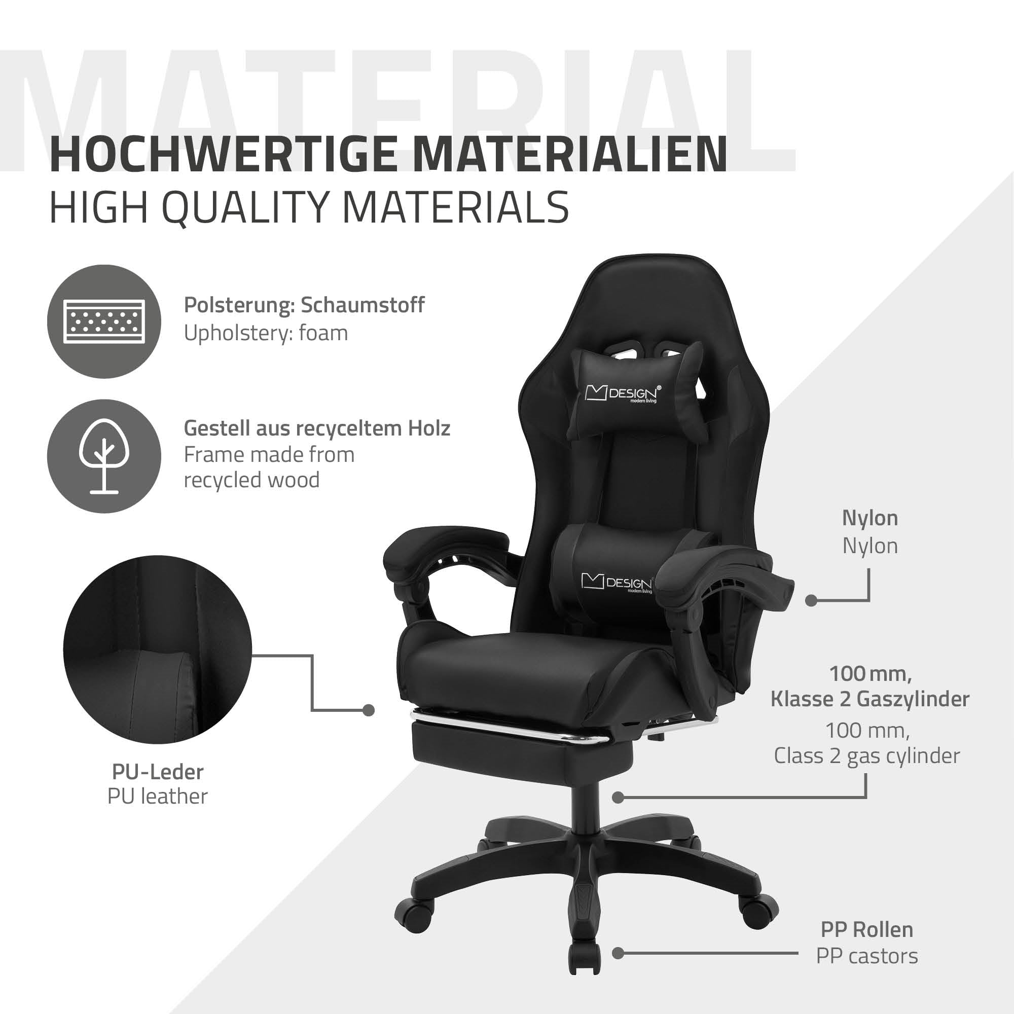 Grafik mit Details zu den Materialien eines Gaming-Stuhls.