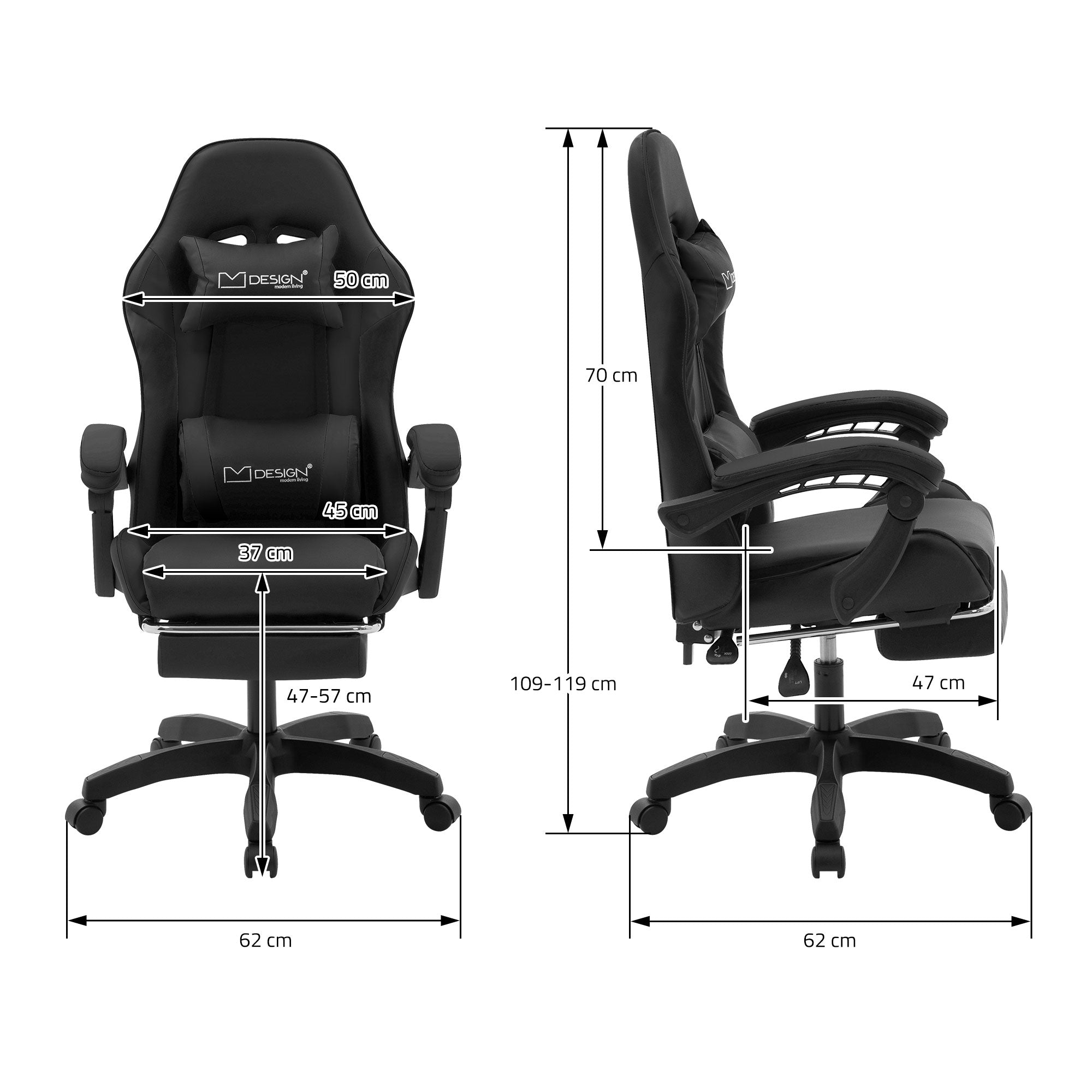 Technische Zeichnung eines Gaming-Stuhls mit Maßangaben.