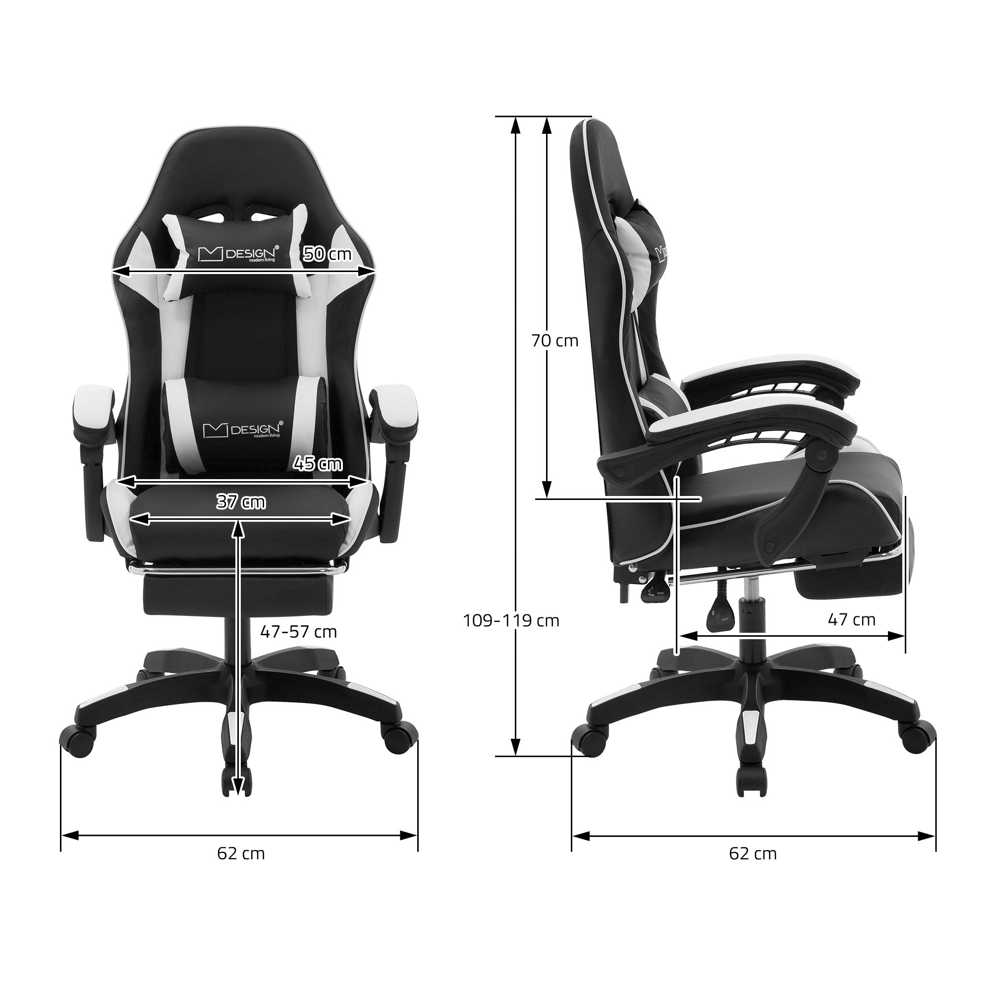 Teknisk tegning af en gamingstol med mål og forskellige udsigter.