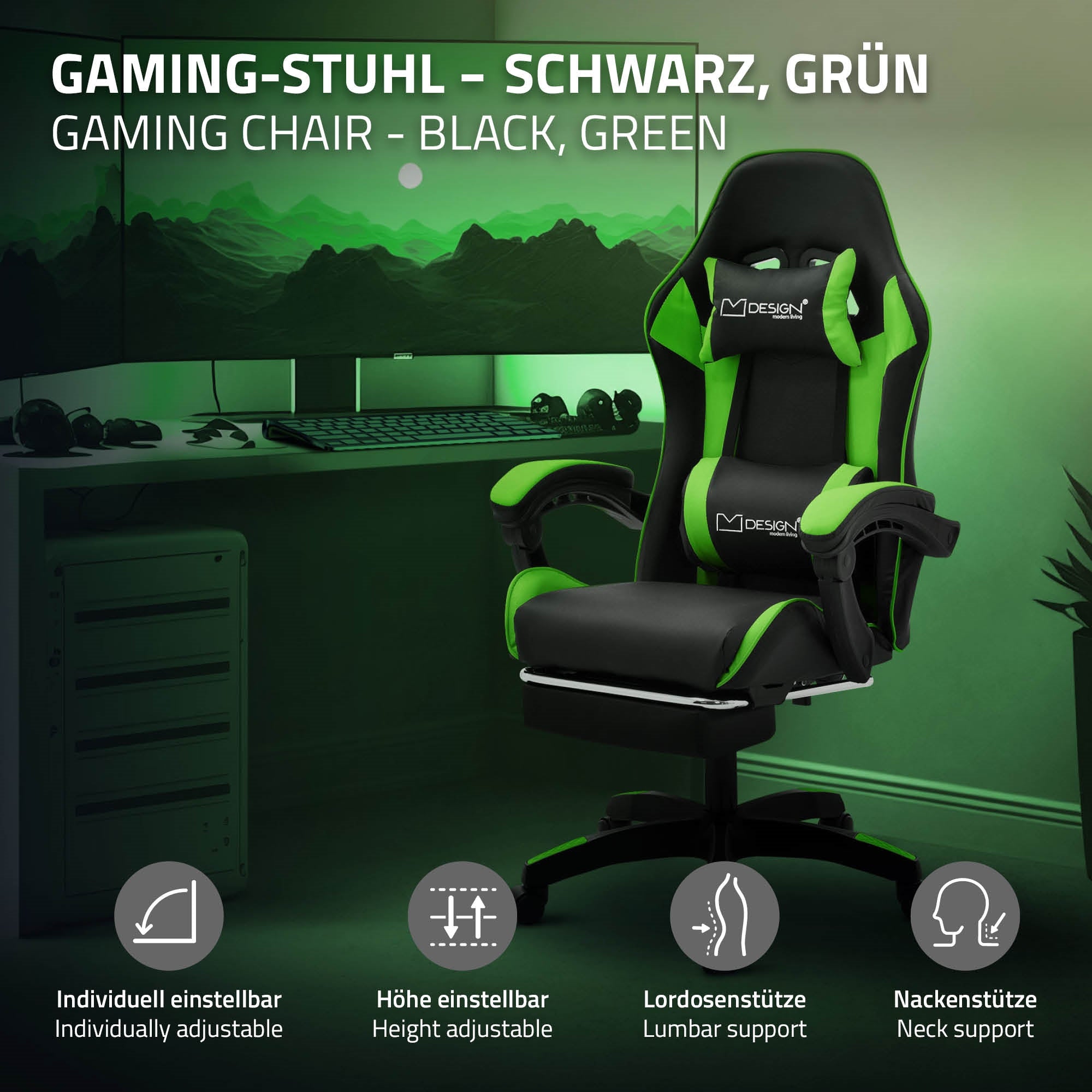 Schwarzer und grüner Gaming-Stuhl vor einem Computerbildschirm.