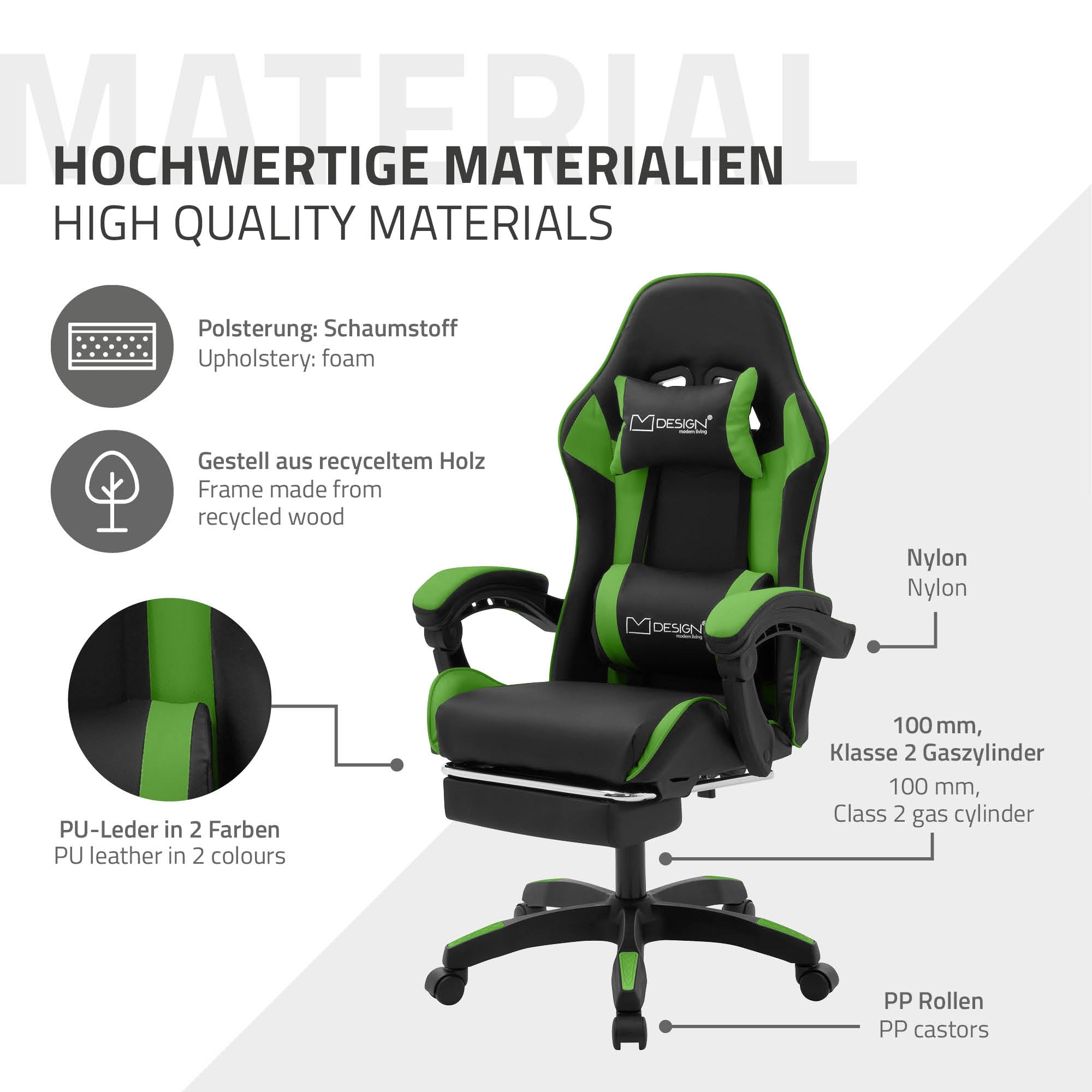Gaming-stol lavet af genbrugstræ med forskellige materialer.