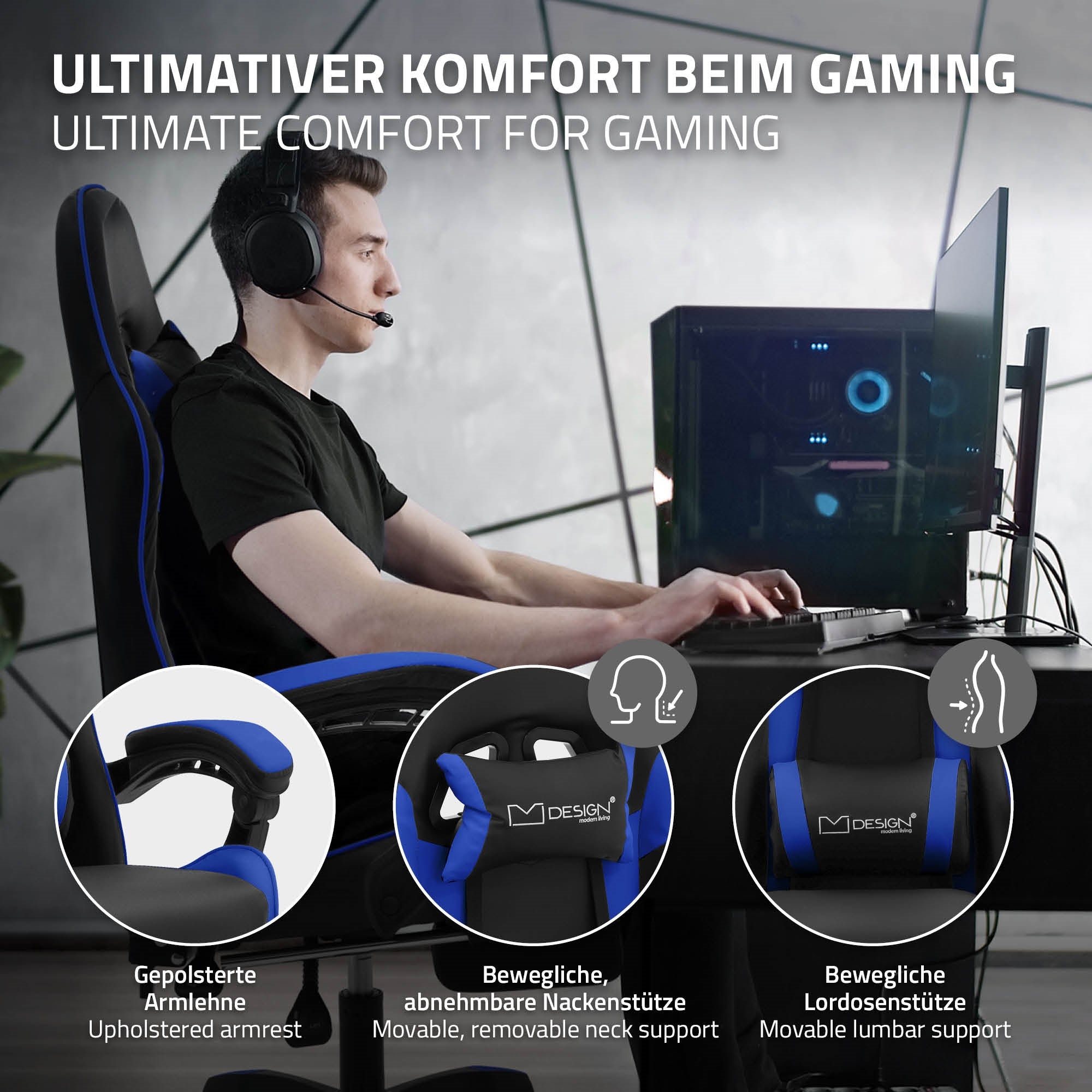 Egy férfi ül egy gamer széken fejhallgatóval és számítógéppel.