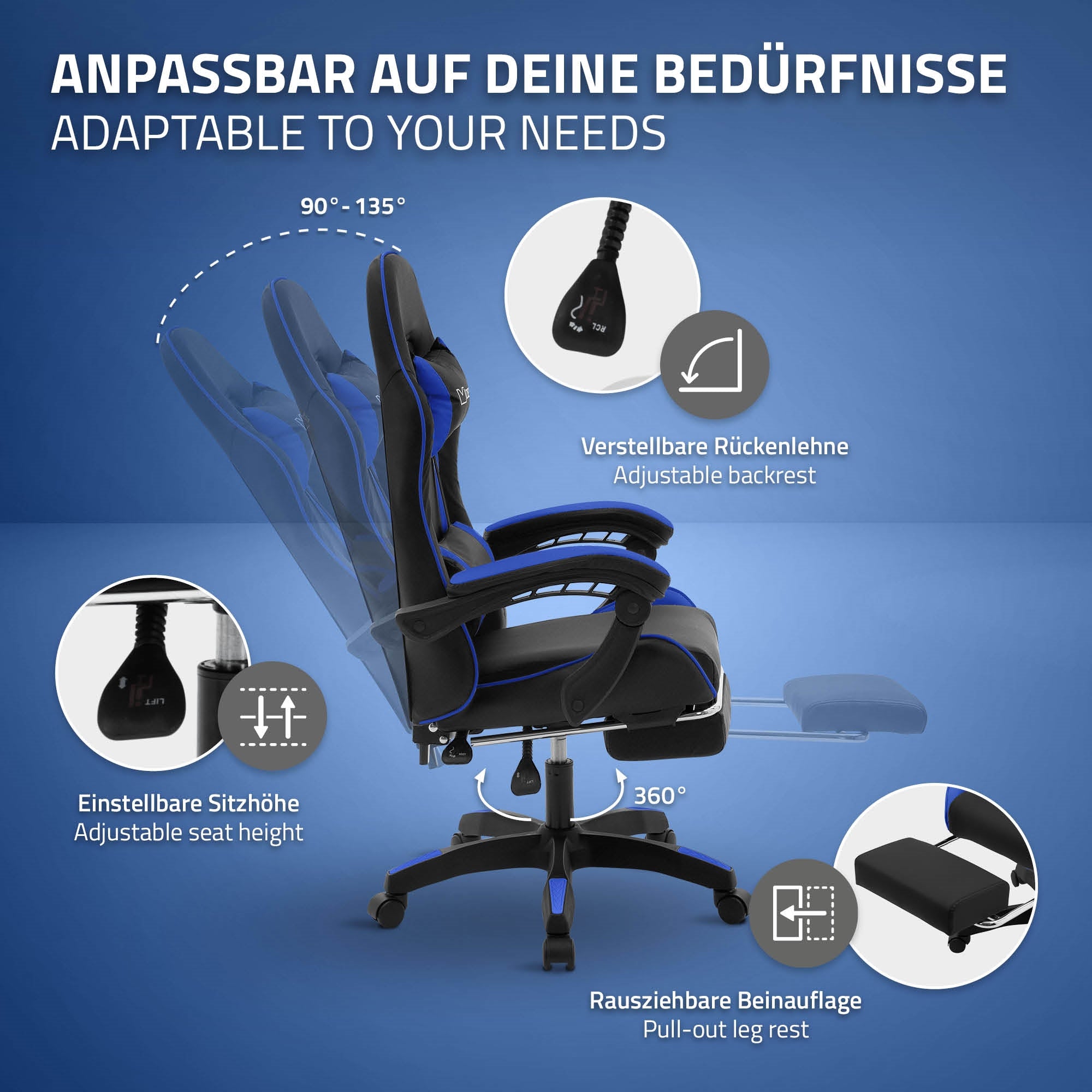 Egy ergonomikus irodai szék különböző állítási lehetőségekkel és feliratokkal.