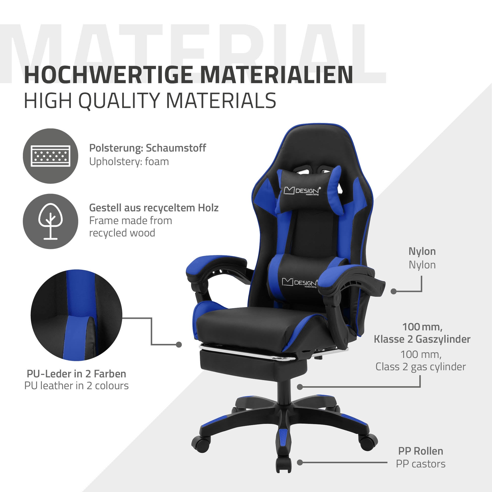 Kék gamer szék különböző anyagokkal és részletekkel.