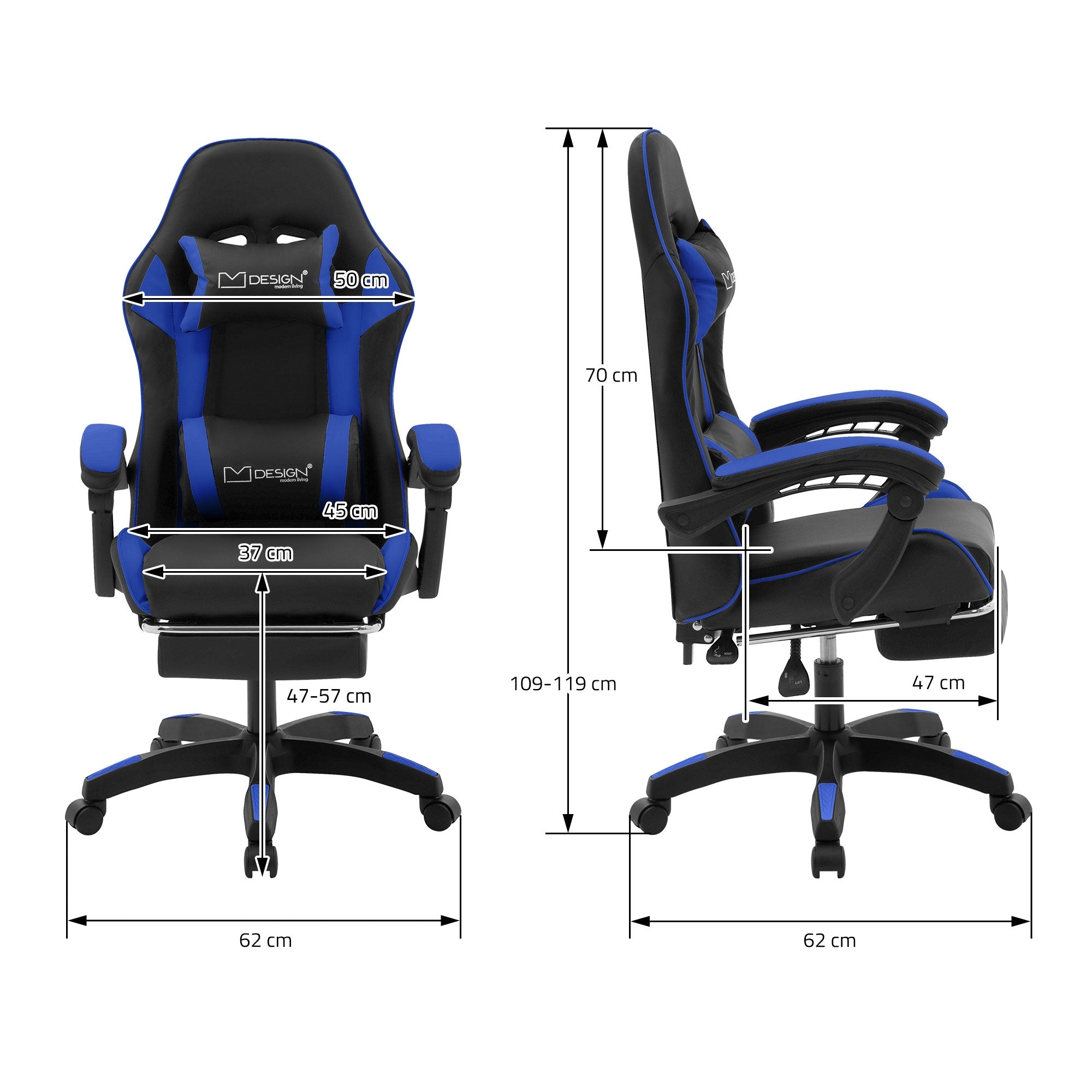 Egy gamer szék méretjelölése különböző méretekkel.