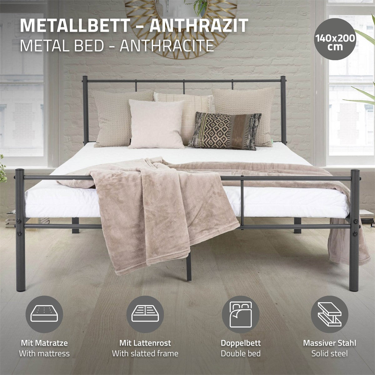 Metalen bed in antraciet met matras en beddengoed.