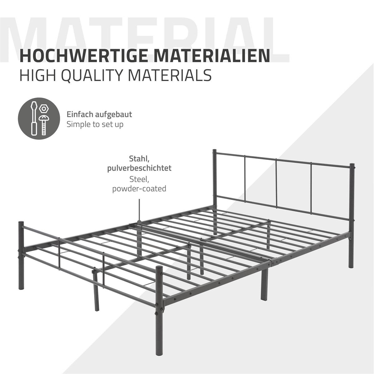 Een metalen bedframe van gepoedercoat staal, niet gemonteerd.