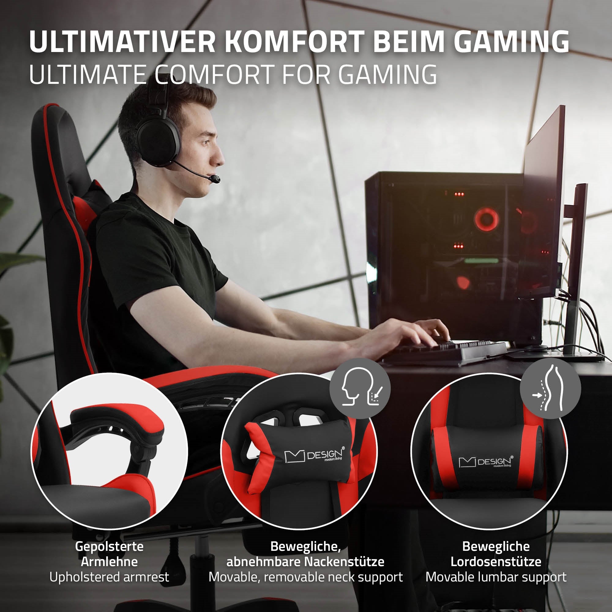 Person med headset sidder ved et skrivebord og spiller på computeren.