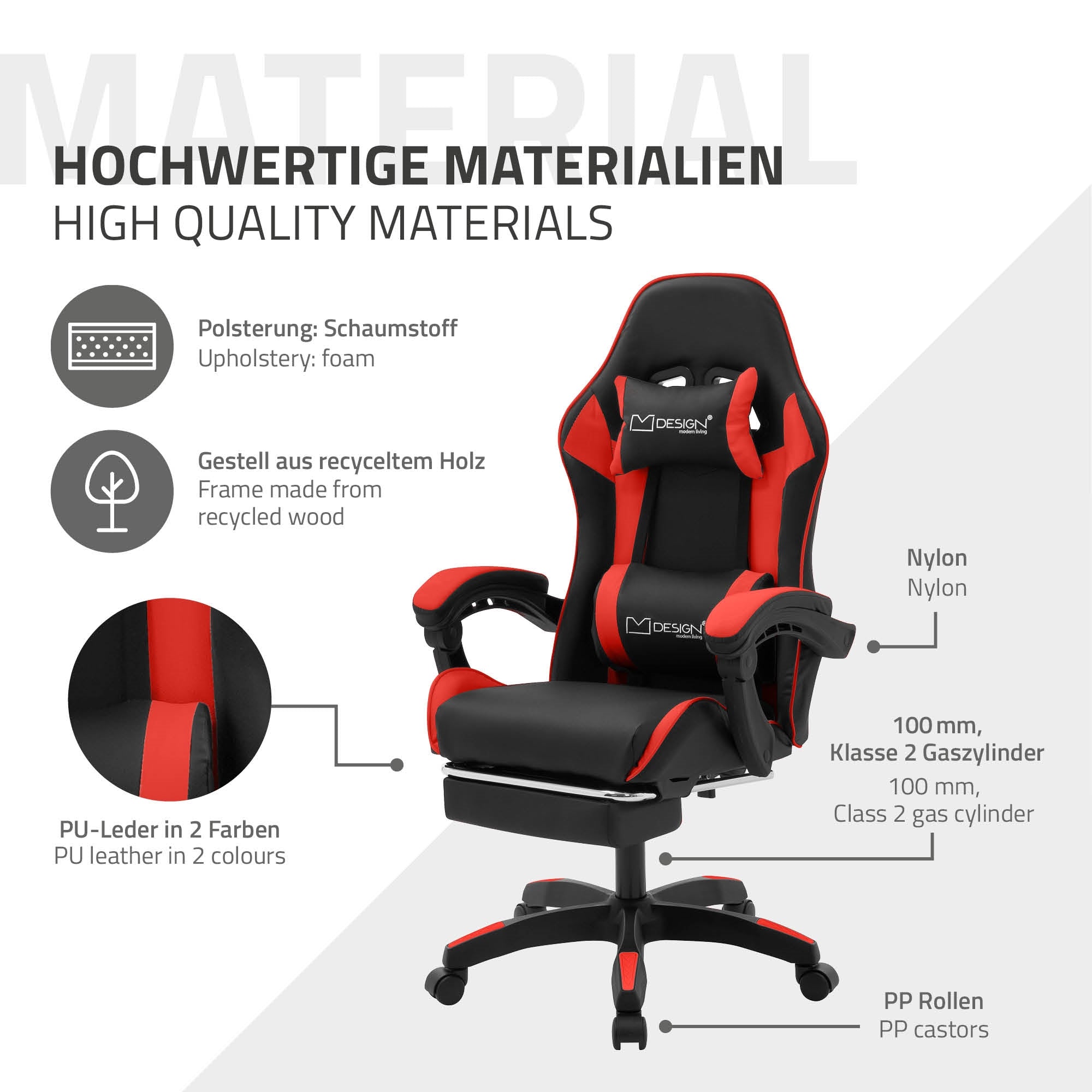 Grafik af en gamingstol med materialebeskrivelse og tekniske detaljer.