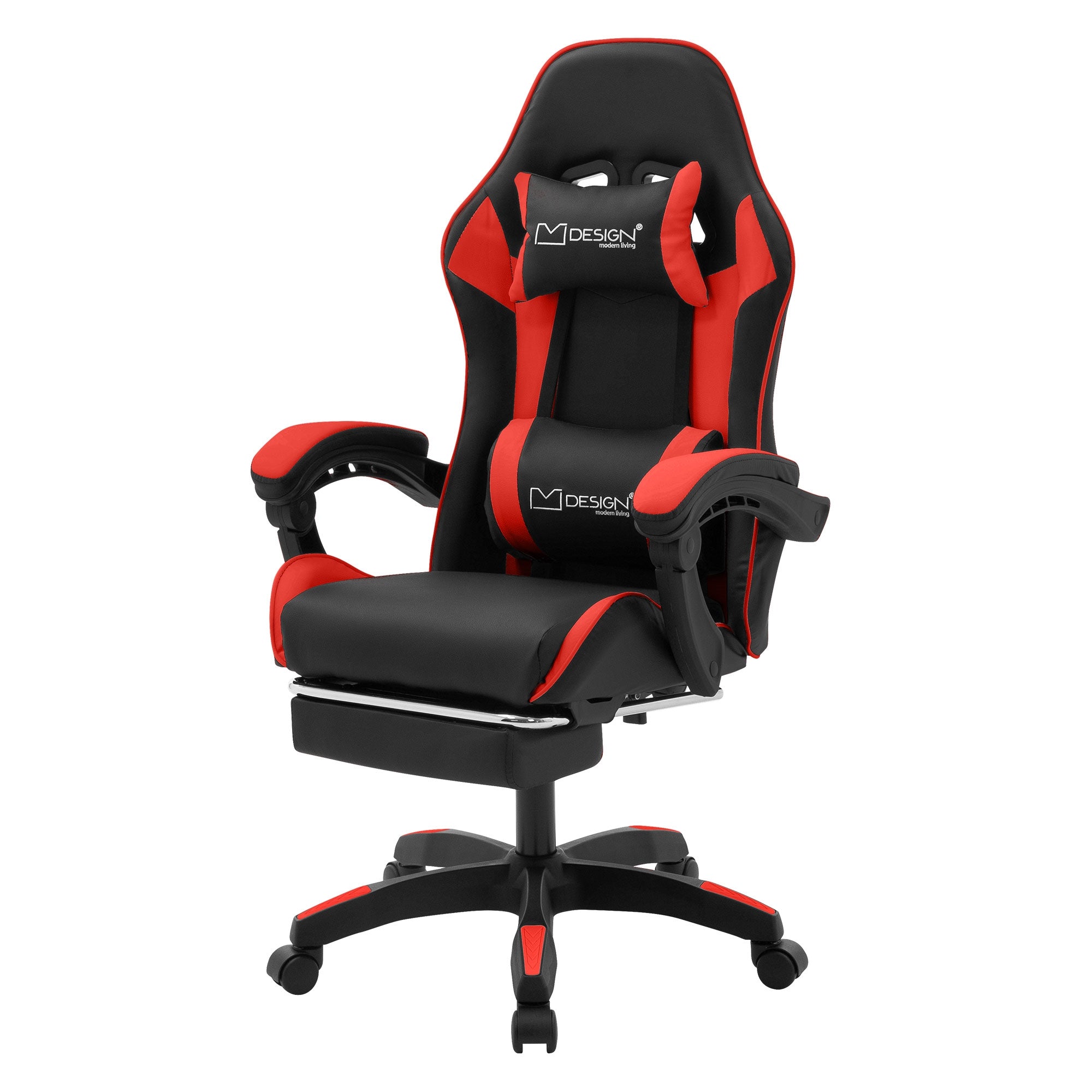 Roter und schwarzer Gaming-Stuhl auf einem weißen Hintergrund.