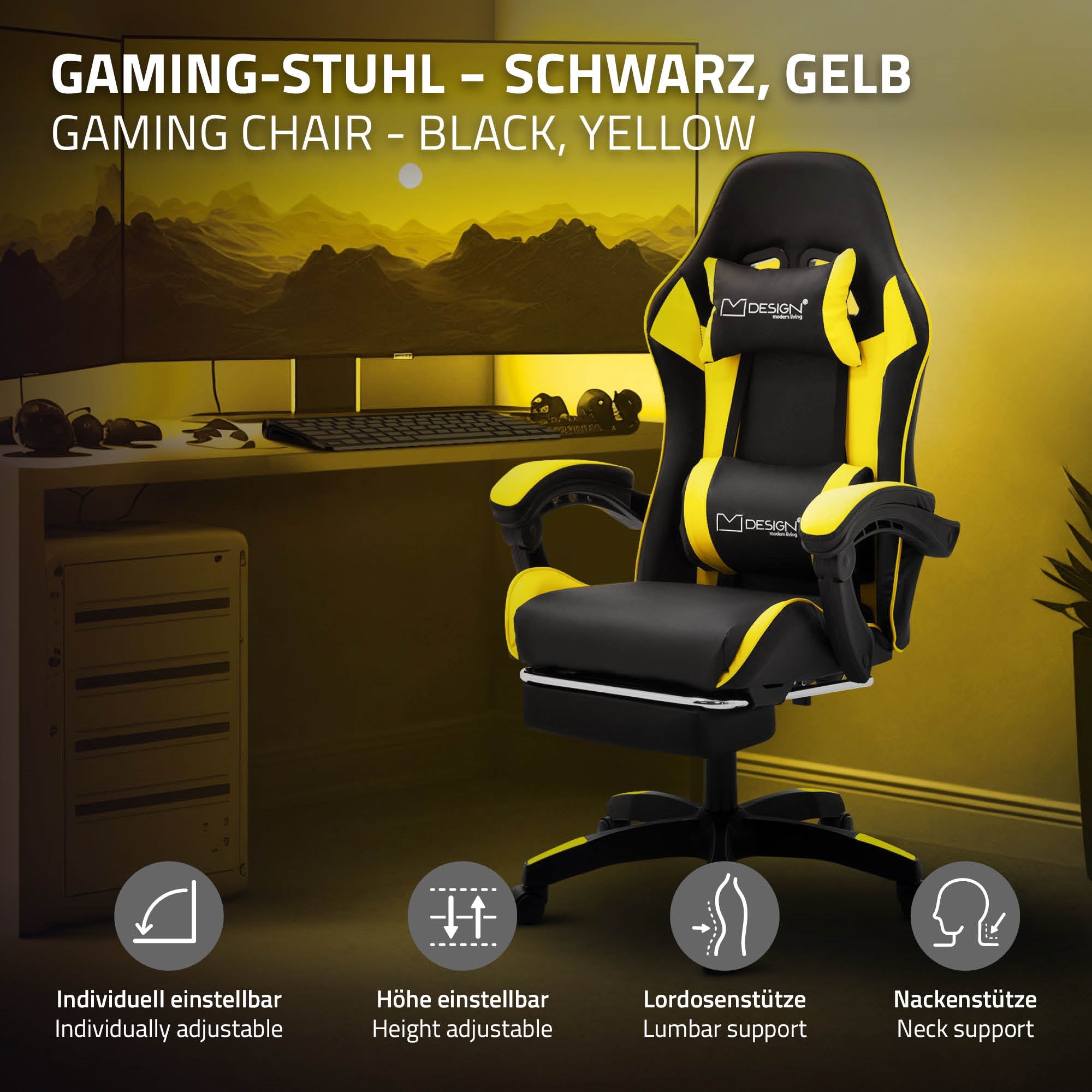 Schwarzer und gelber Gaming-Stuhl mit verstellbaren Funktionen.