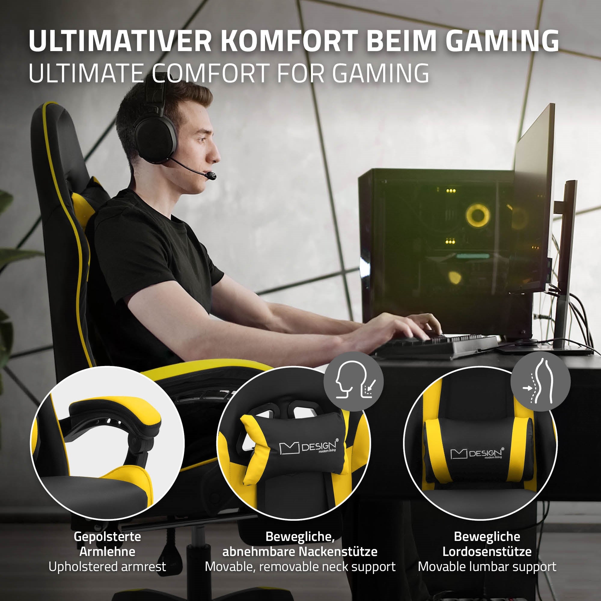 Gaming-Stuhl mit gepolsterten Armlehnen und Nackenstütze.