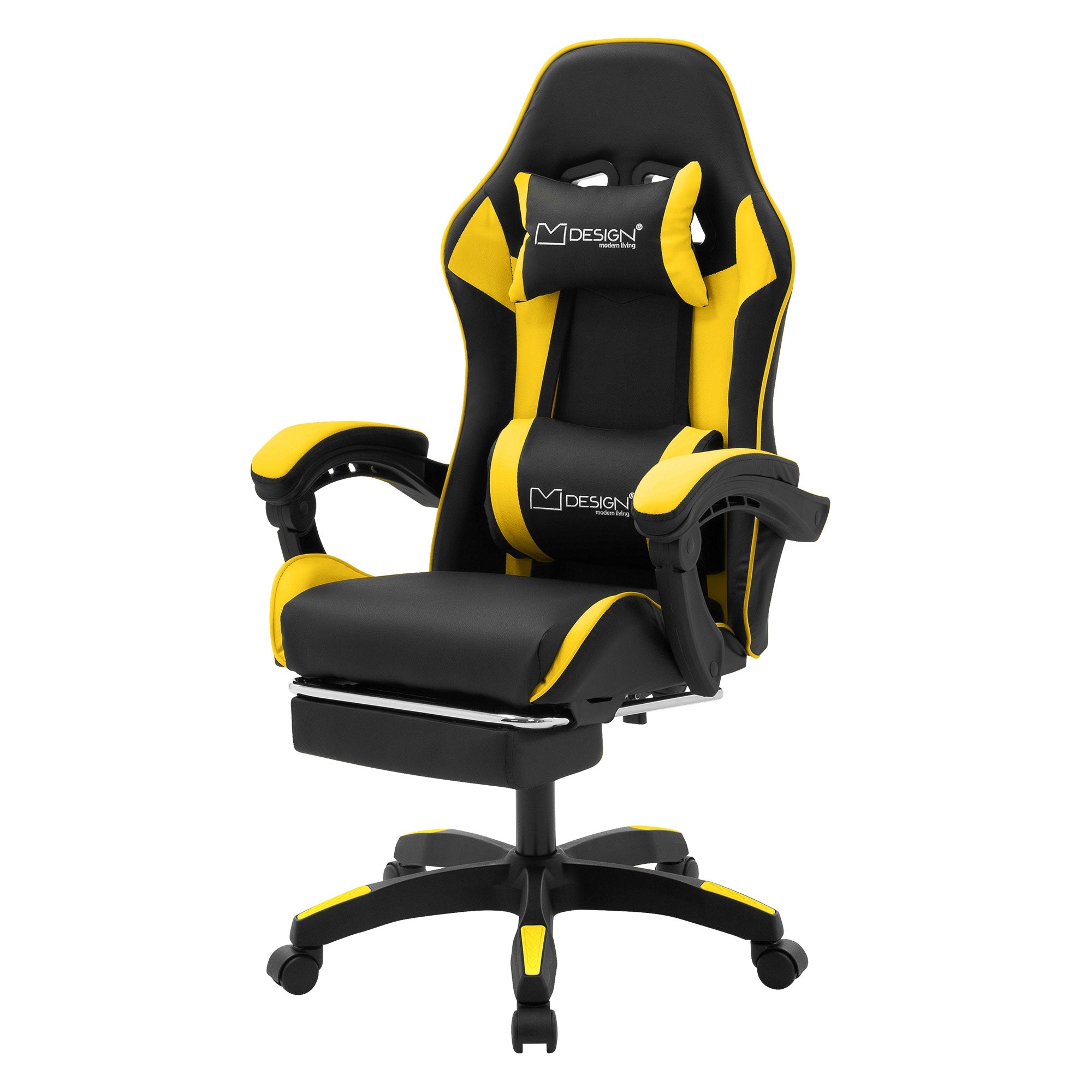 Gaming-Stuhl in Schwarz und Gelb, mit Armlehnen und verstellbarer Höhe.