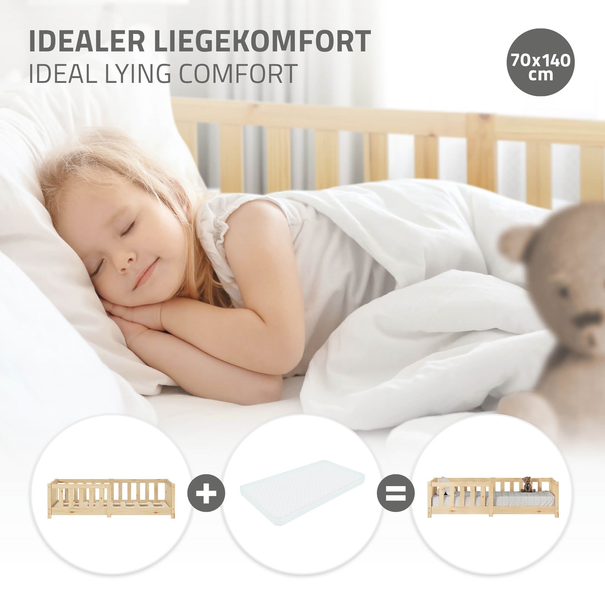 Schlafendes Kind in einem Bett mit Matratze, Kissen und Decke.