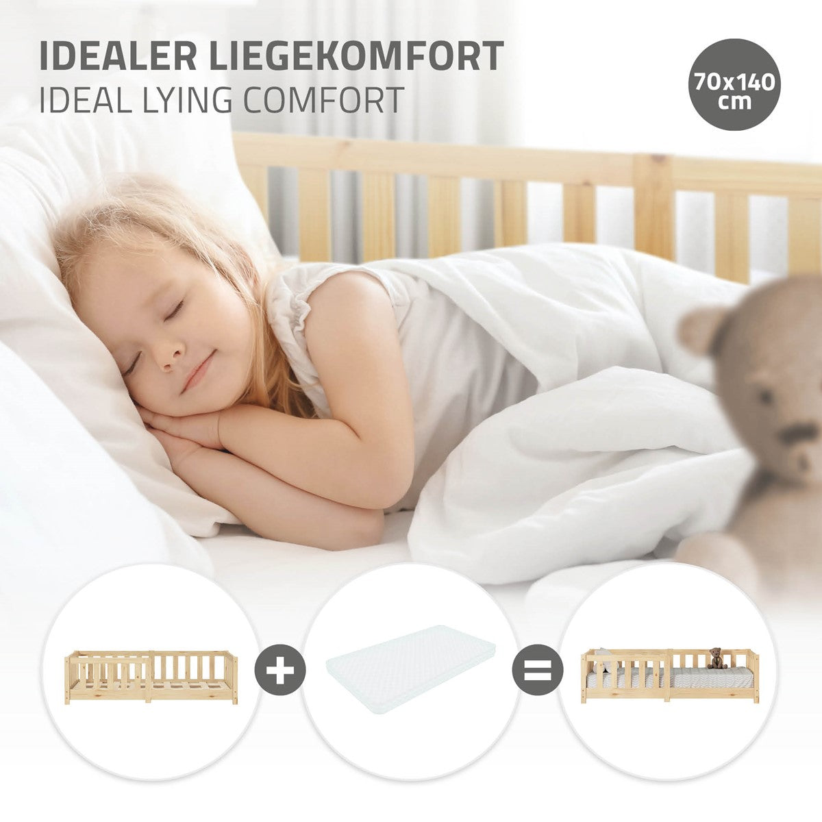 Niño durmiendo en una cama con colchón, almohada y manta.