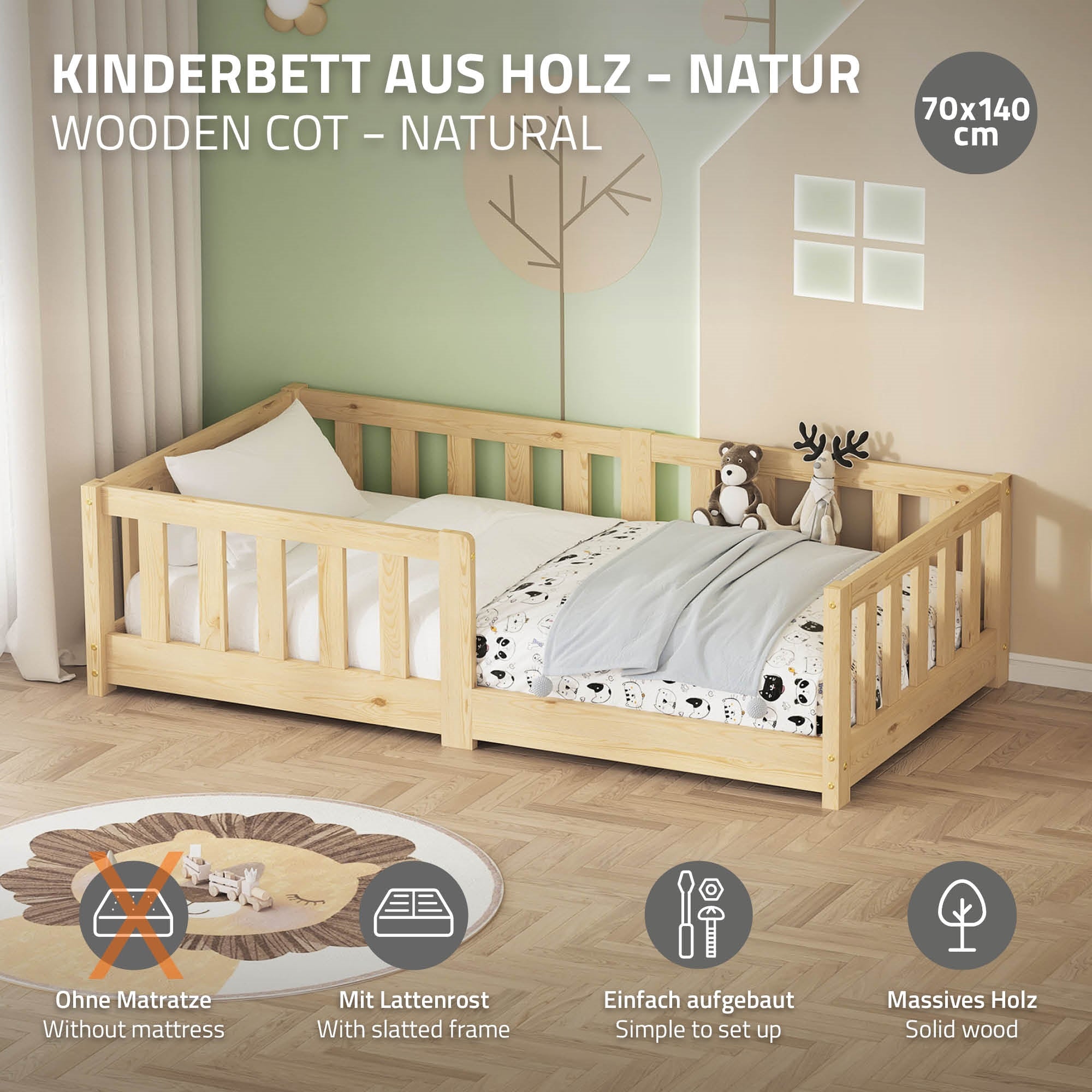 Ein naturfarbenes Kinderbett aus Holz, einfach aufzubauen.