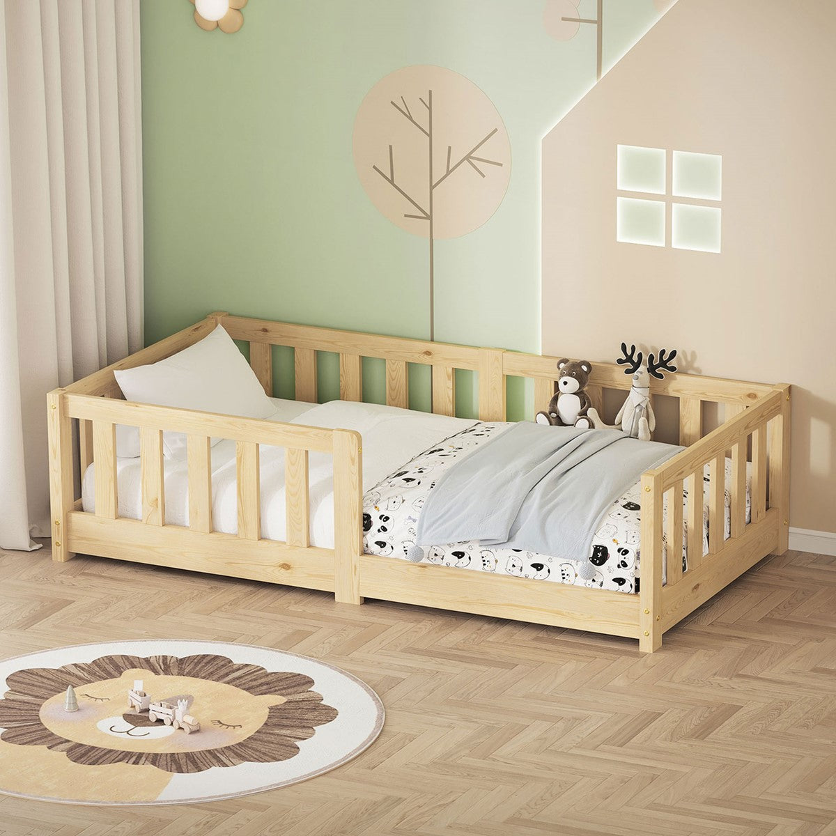 Natural-finish wooden children's bed with mattress and slatted frame.