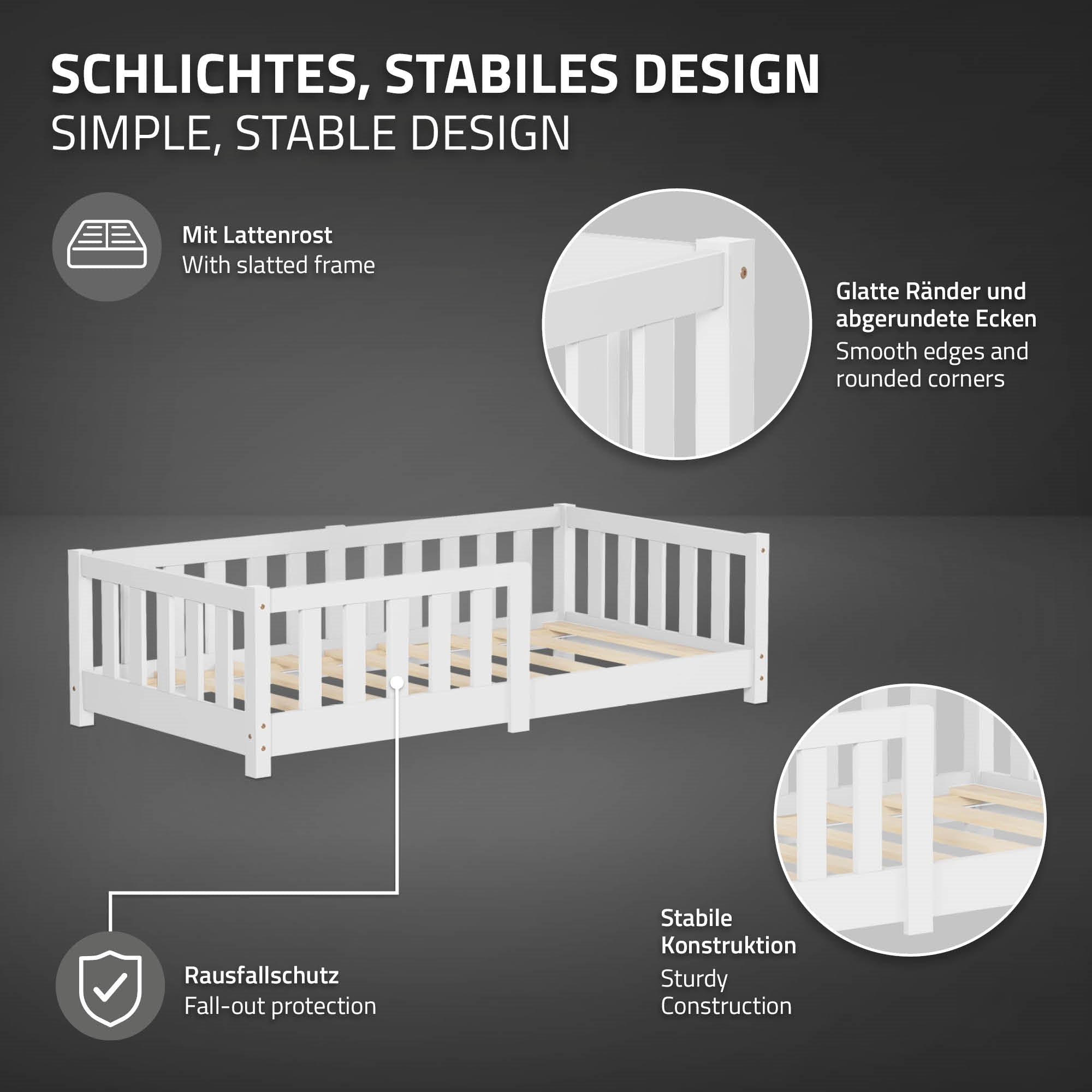 Ein weißes Kinderbett mit Lattenrost und stabiler Konstruktion.
