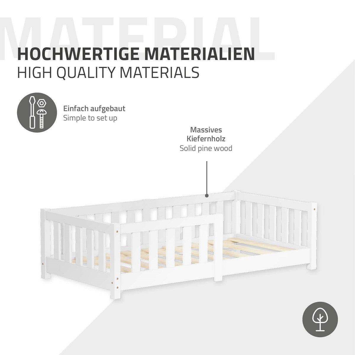 Graphic with information about the high-quality materials of the children's bed.