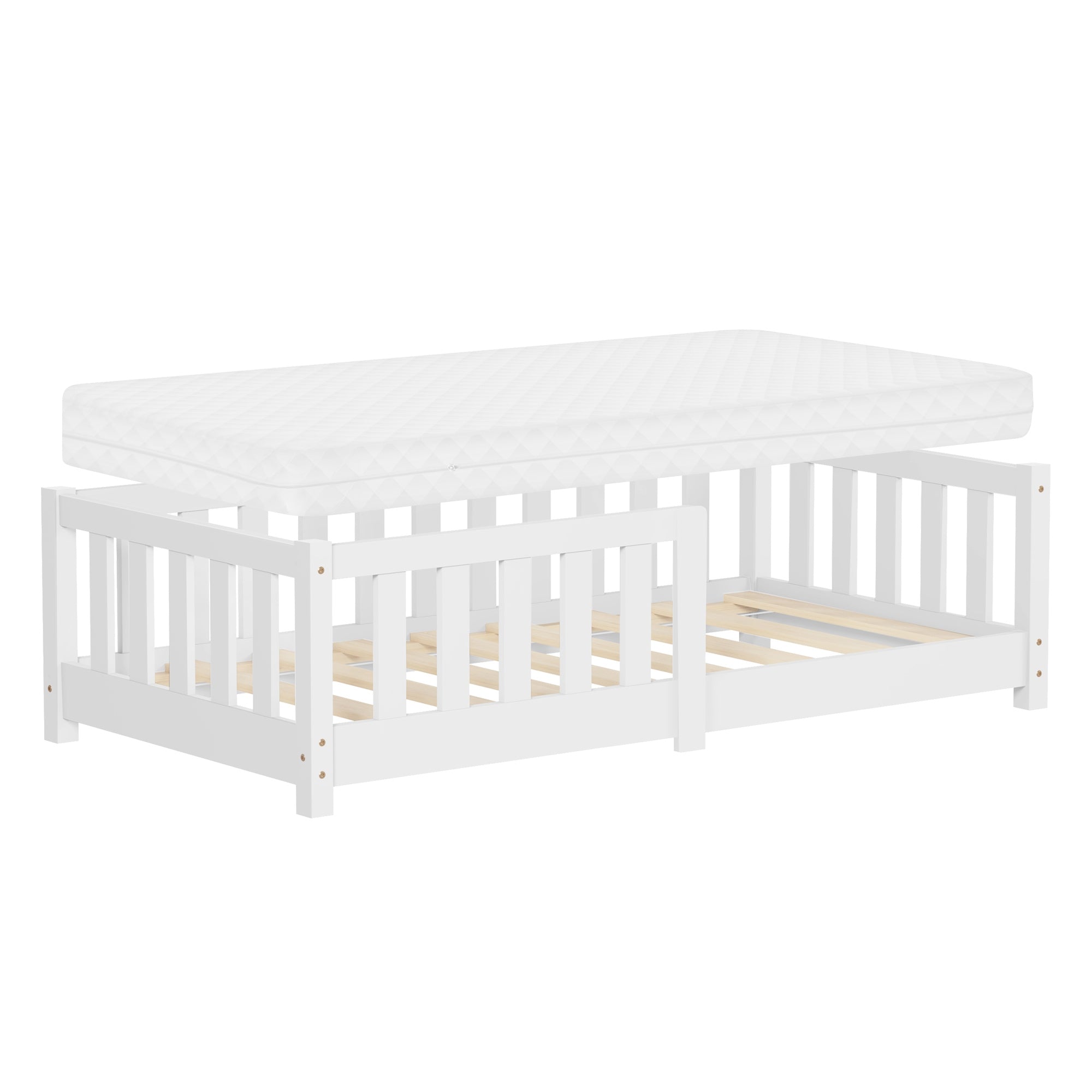 Weißes Bett mit Matratze und offenem Lattenrost.