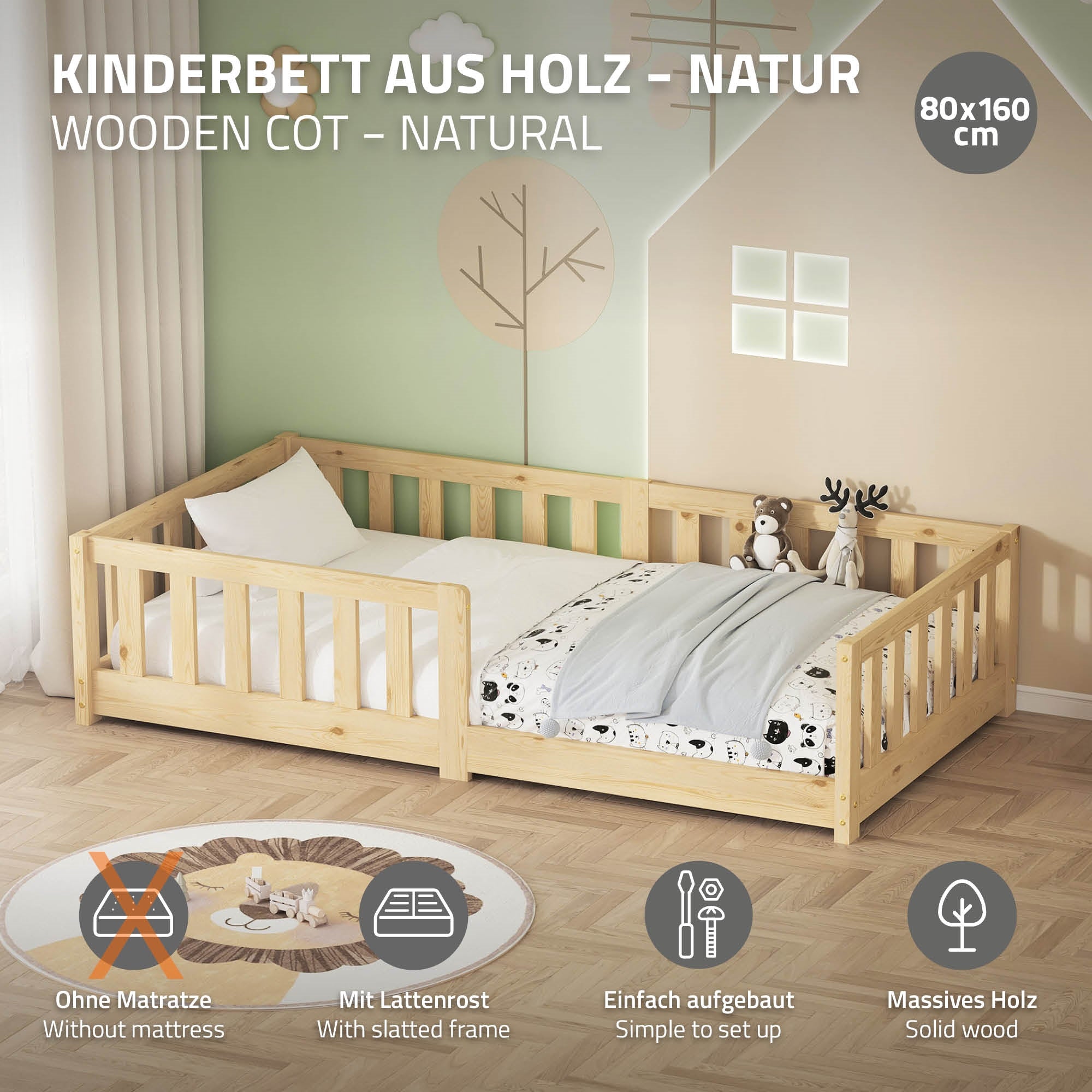 Kinderbett aus Holz in natürlicher Farbe, ohne Matratze.