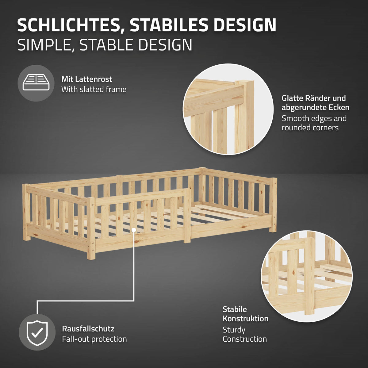 Holzbett mit Lattengestell, stabiler Konstruktion und Rausfallschutz.