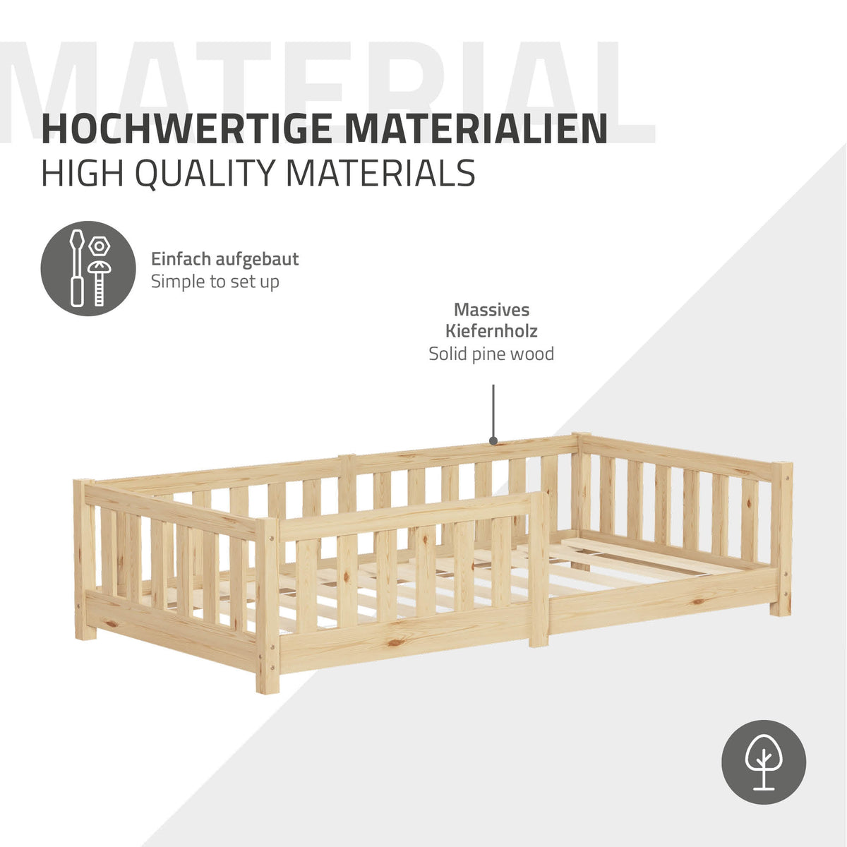 Holzrahmen eines Bettes aus massivem Kiefernholz.