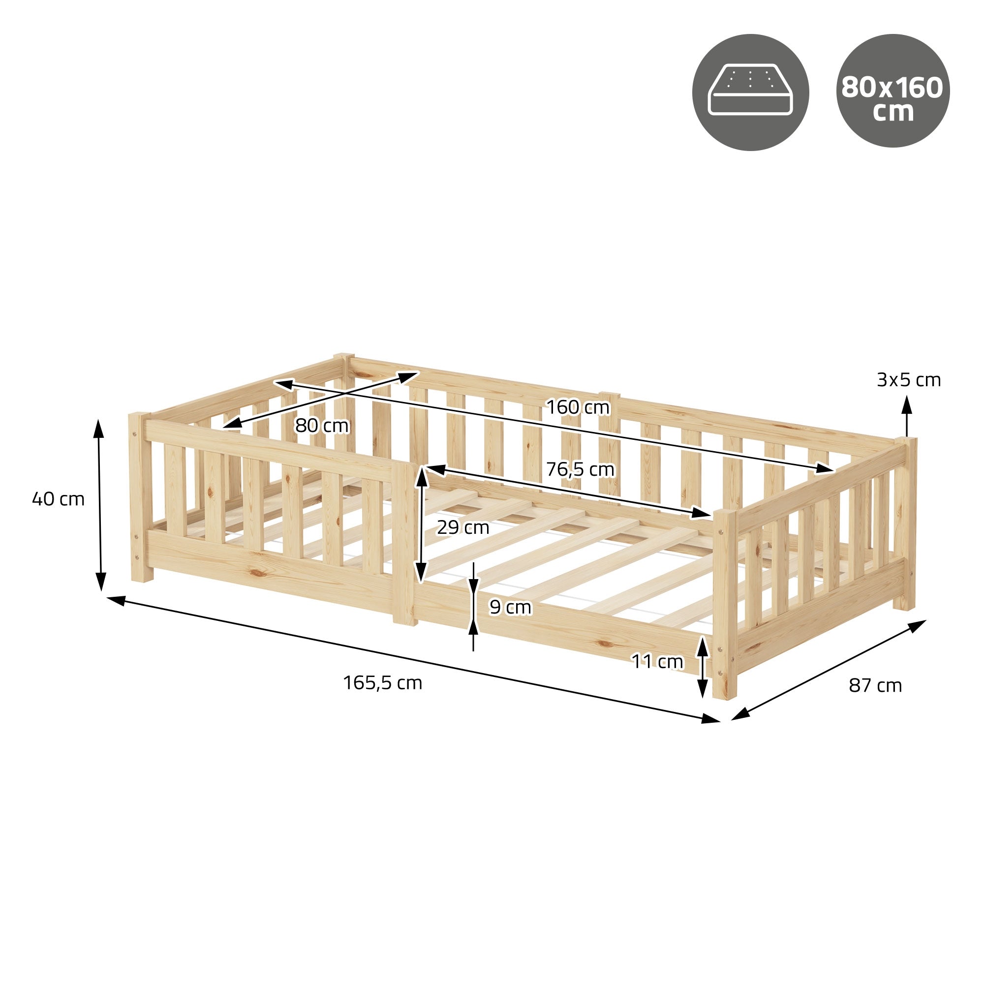 Holzrahmenbett mit Maßen und Abmessungen.