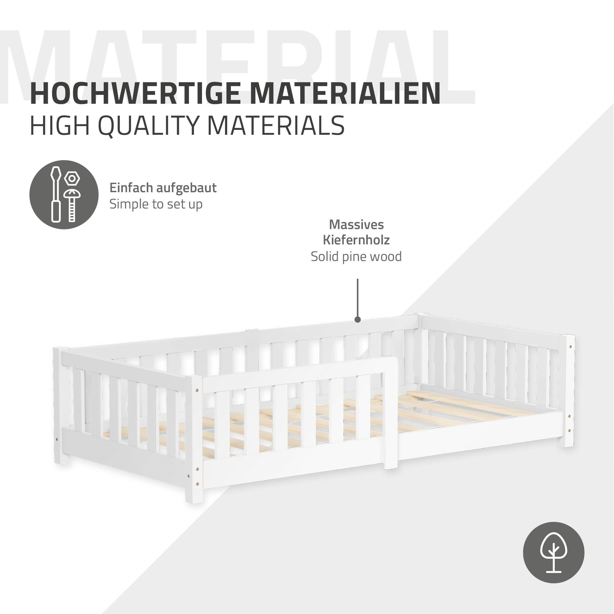 Ein Bett aus massivem Kiefernholz, einfach aufgebaut und stabil.