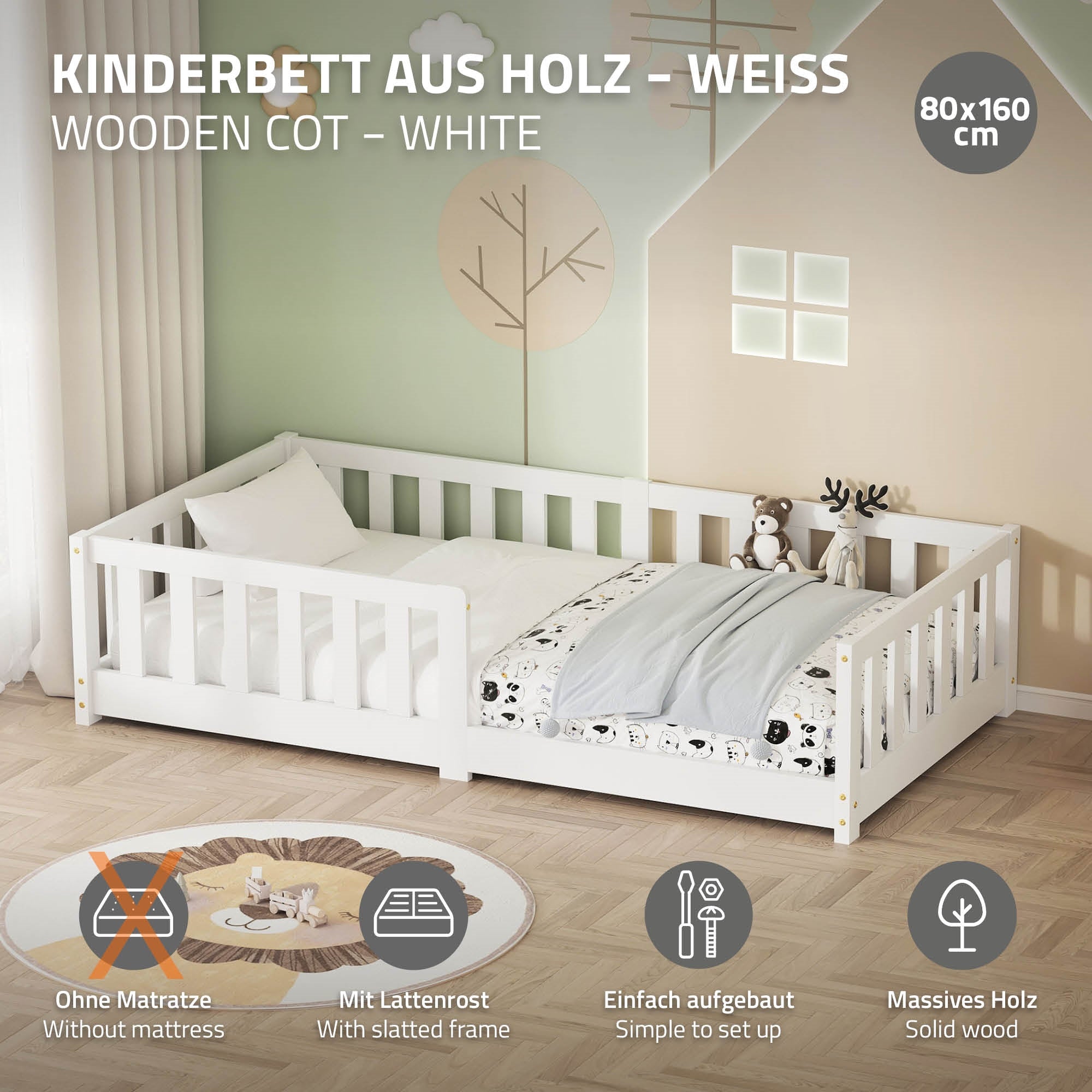 Holz-Kinderbett in Weiß mit Matratze, 80x160 cm.