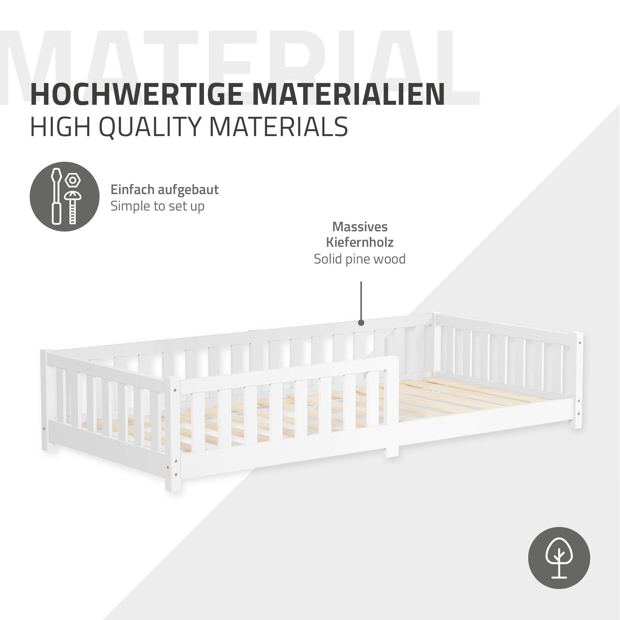 Cama infantil blanca de madera maciza de pino con montaje sencillo.