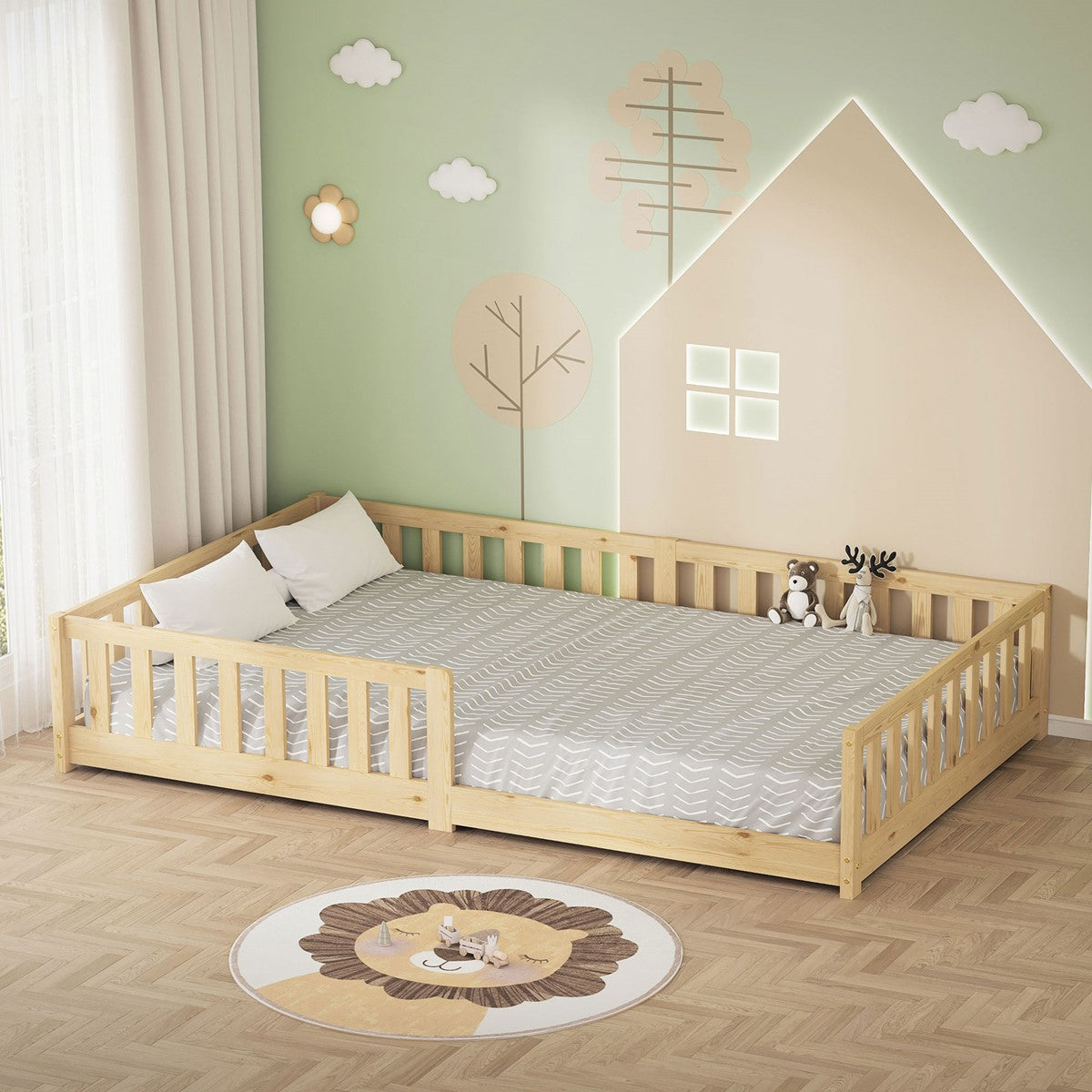 Wooden children's bed in a natural color with a striped bedsheet and pillow.