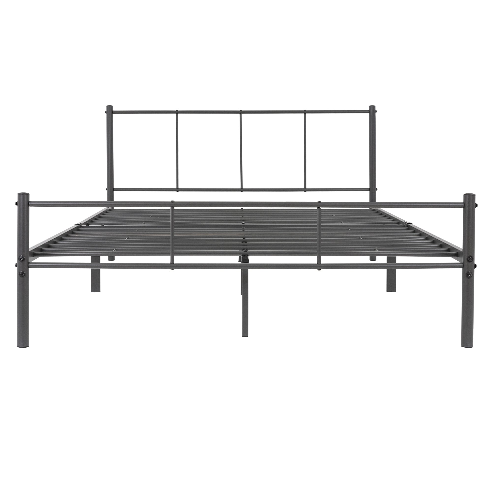 Schwarzes Bettgestell ohne Matratze, von vorne aufgenommen.