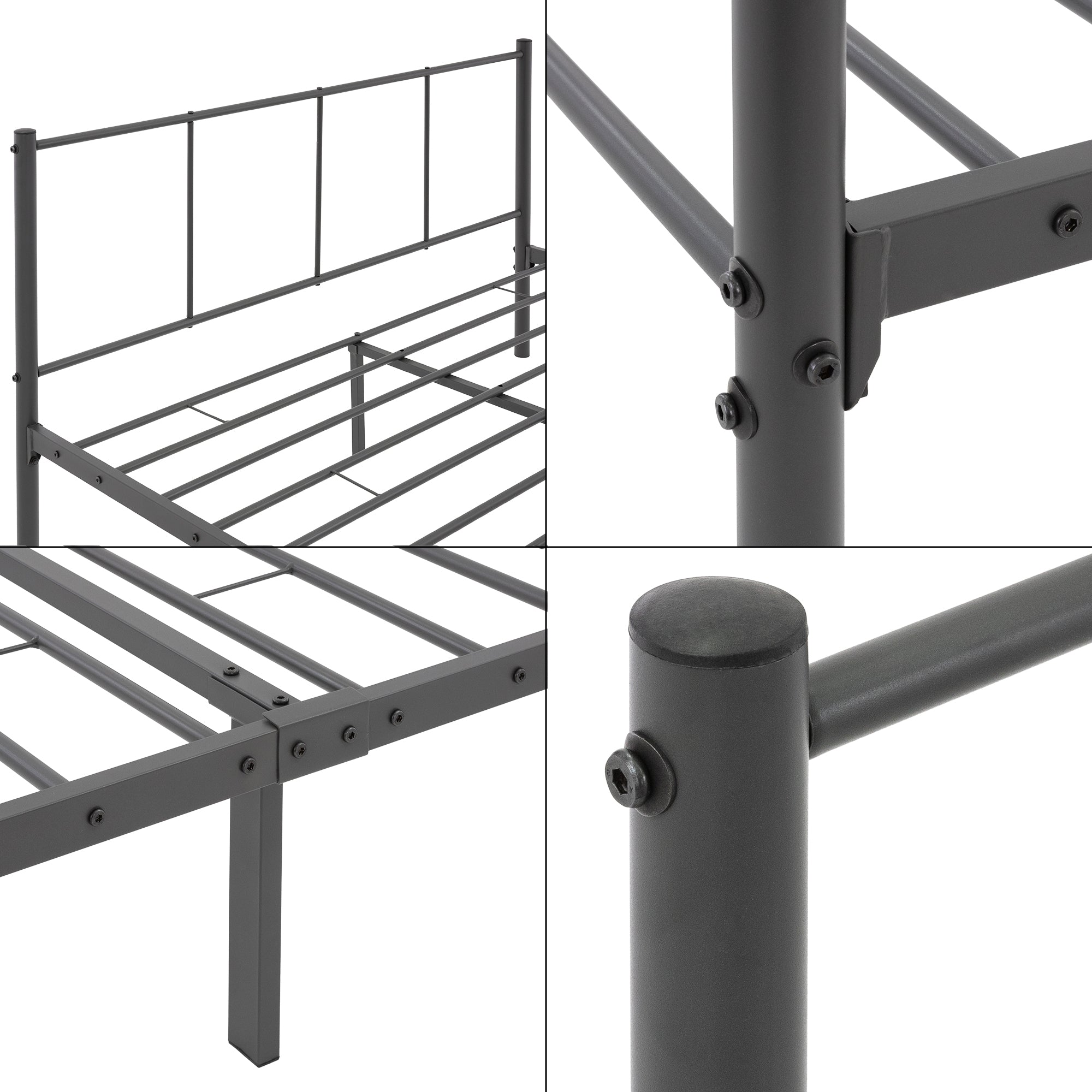 Detailansicht des Metallbettes mit Rahmen und Verbindungselementen.