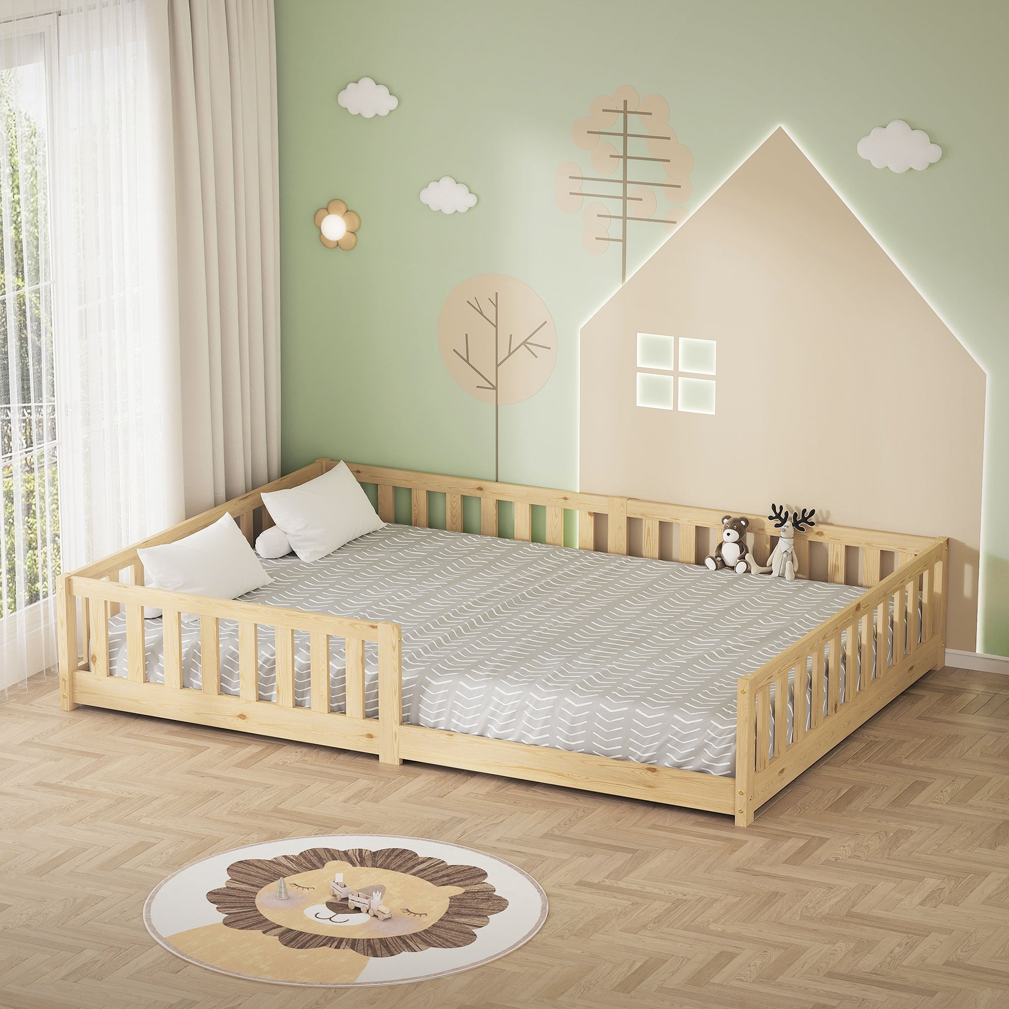 Holz-Kinderbett in Weiß mit Matratze und Lattenrost.
