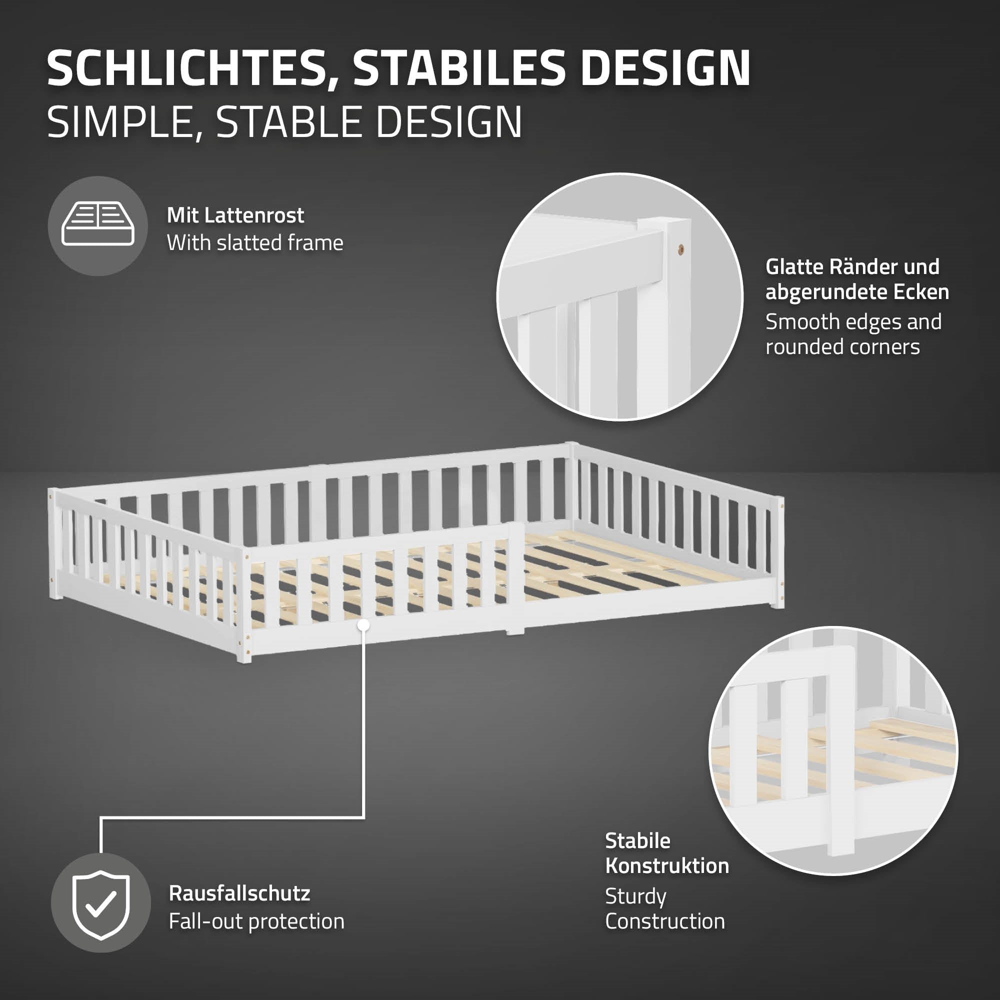 Bett mit stabiler Konstruktion und Rausfallschutz, glatte Kanten.